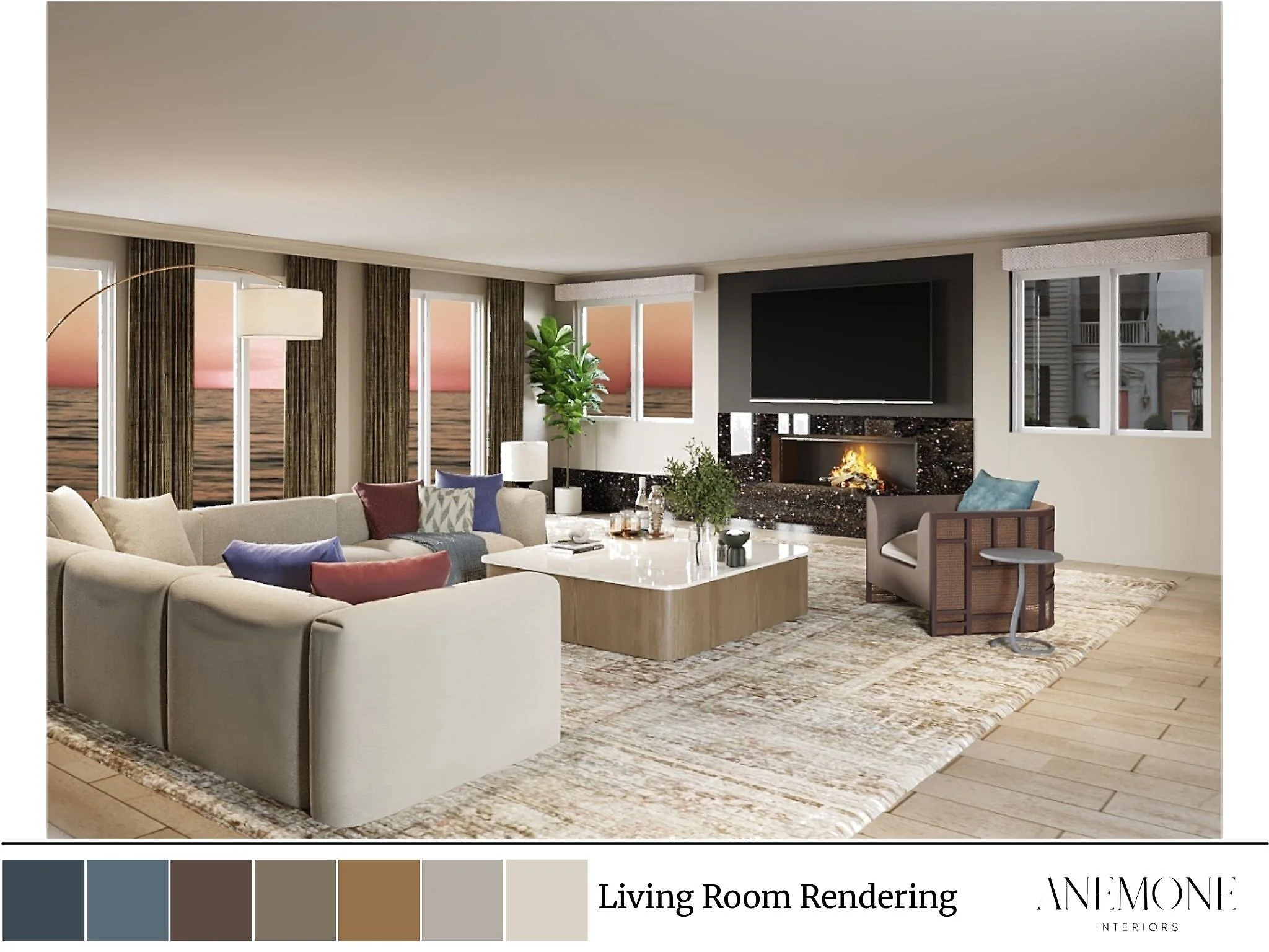 Living room rendering for Seabreeze Modern featuring layered neutral furnishings, a dramatic fireplace surround, and a warm modern coastal aesthetic.