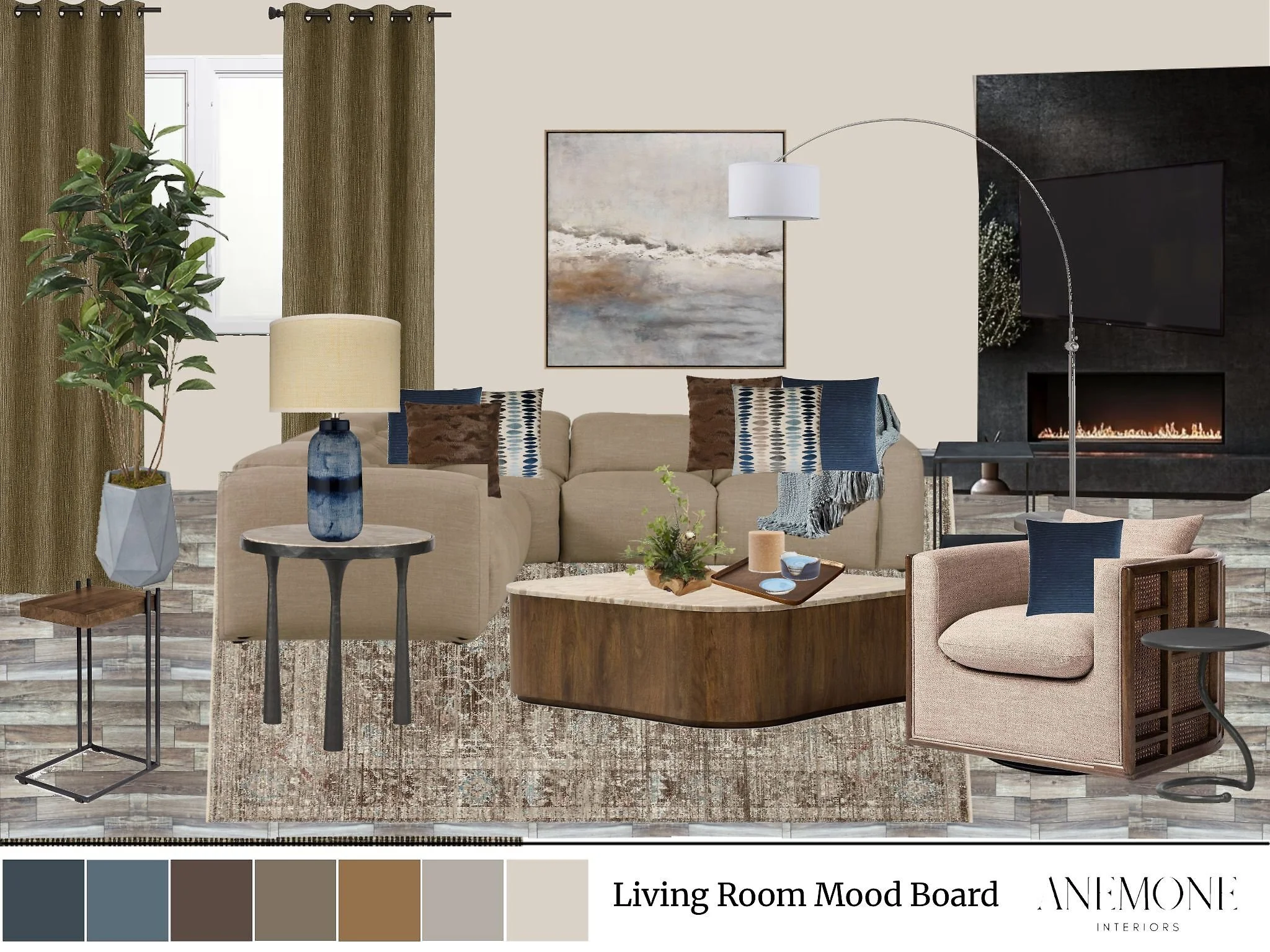 Living room design board showing furniture, textiles, lighting, and finish selections for the Seabreeze Modern project.