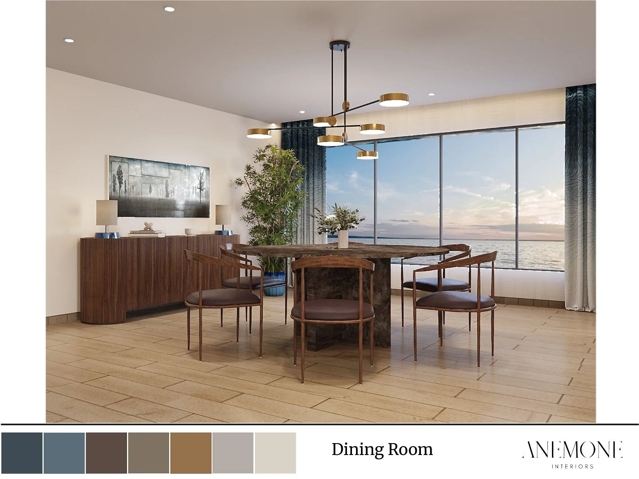 Dining room rendering for Seabreeze Modern featuring sculptural lighting, rich wood finishes, soft blue accents, and waterfront views.