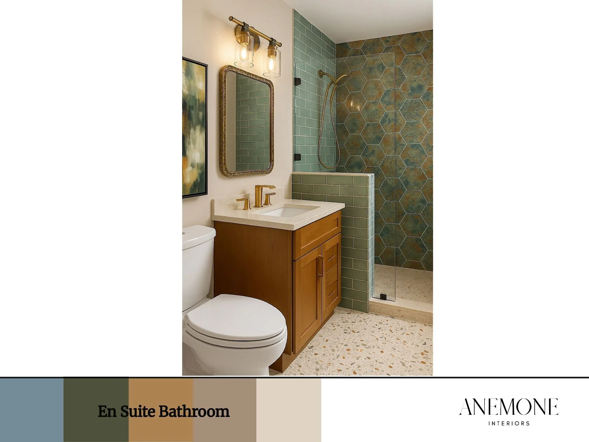 En suite bathroom rendering featuring warm wood cabinetry, handcrafted green tile, brass fixtures, and a luxury walk-in shower design for Gibraltar House.
