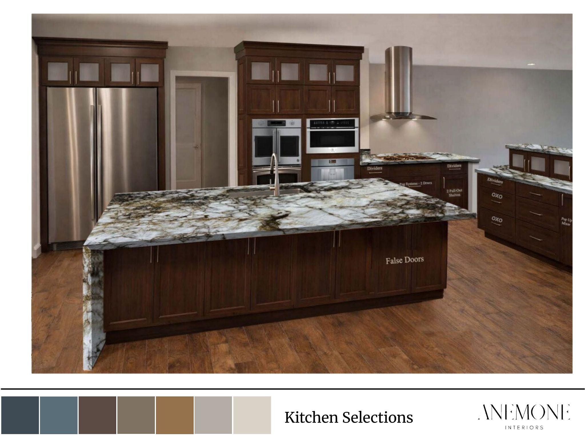 Kitchen remodel selections for Seabreeze Modern featuring dark wood cabinetry, dramatic waterfall stone countertops, and integrated storage solutions.