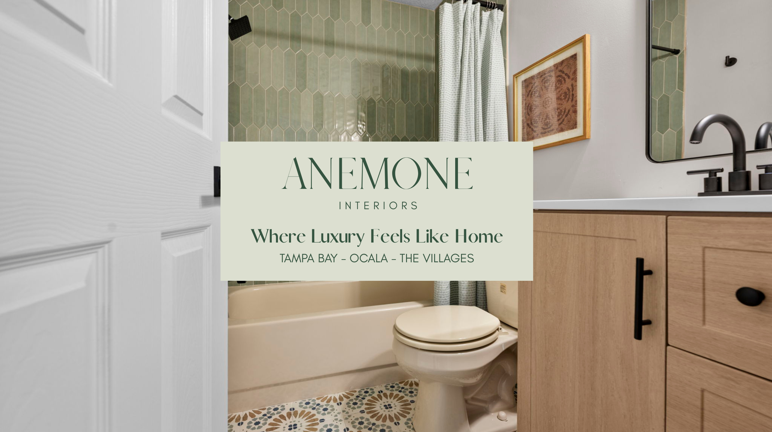 Modern bathroom remodel by Anemone Interiors showcasing sage green vertical tile, light wood vanity, matte black fixtures, and patterned flooring in a fresh spa-inspired design.