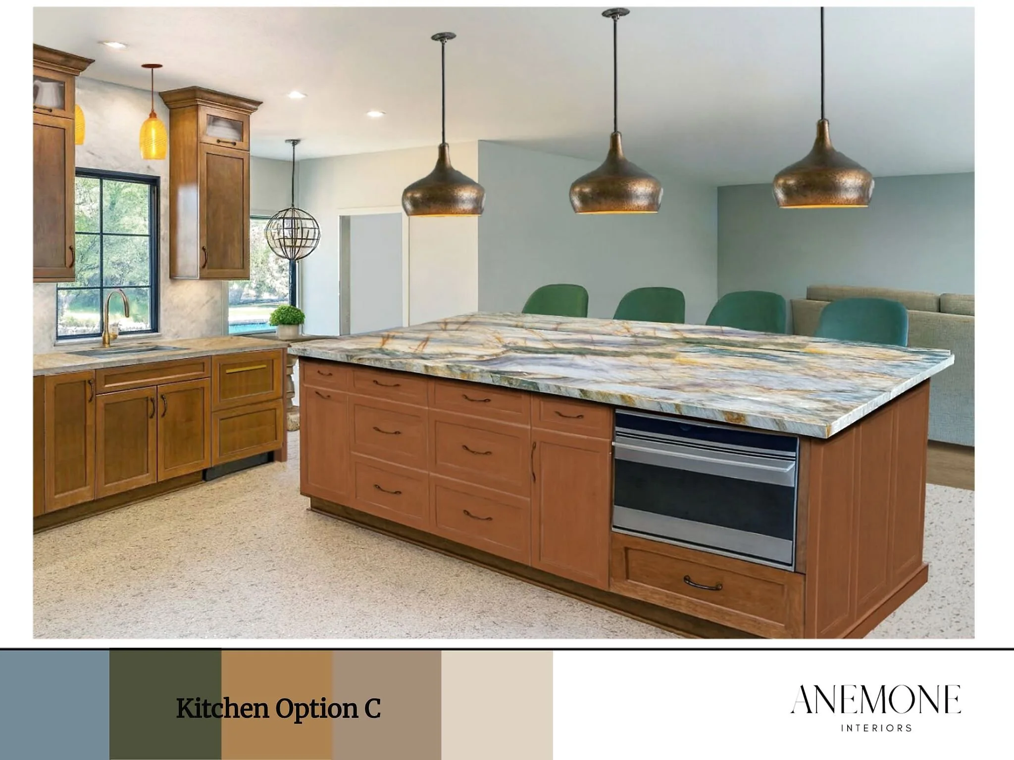 Luxury kitchen rendering featuring a dramatic stone island, warm wood cabinetry, integrated appliances, and open living connections for Gibraltar House.