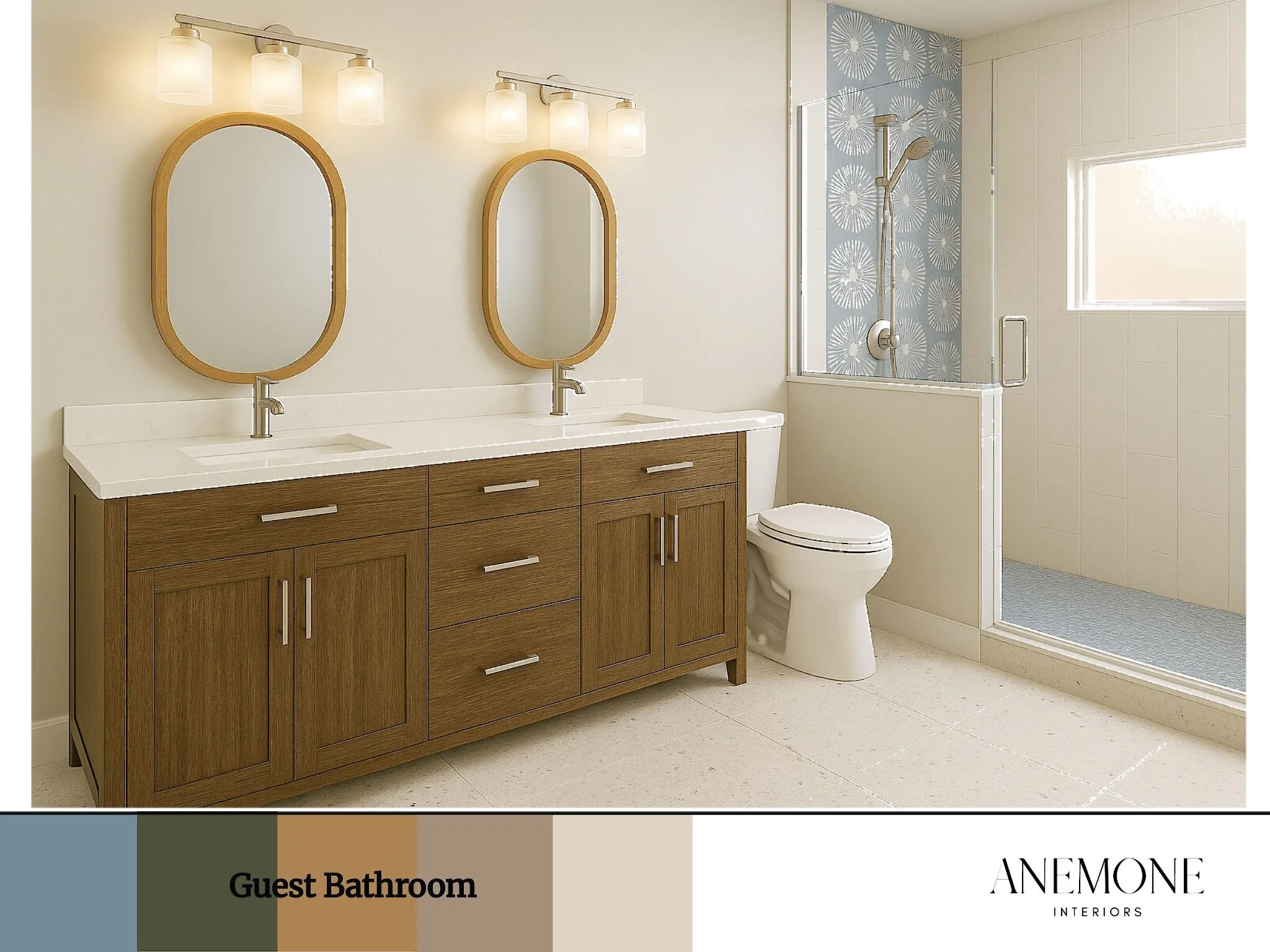Guest bathroom rendering for Gibraltar House featuring a double vanity, soft neutral finishes, and decorative blue tile detailing in the shower.