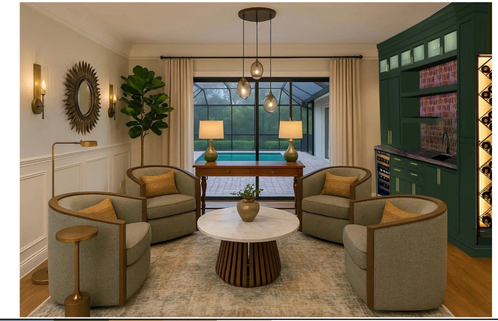 Formal living room rendering for Gibraltar House featuring custom millwork, layered seating, warm neutrals, statement lighting, and a custom green built-in overlooking the pool.