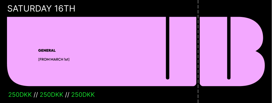 En plakat med en stor, lilla, uafsluttet tekst 'ID' og oplysninger om en begivenhed den 16. marts, herunder 'GENERAL' og 'FROM MARCH 1st', med priser på 250 DKK i grøn tekst.