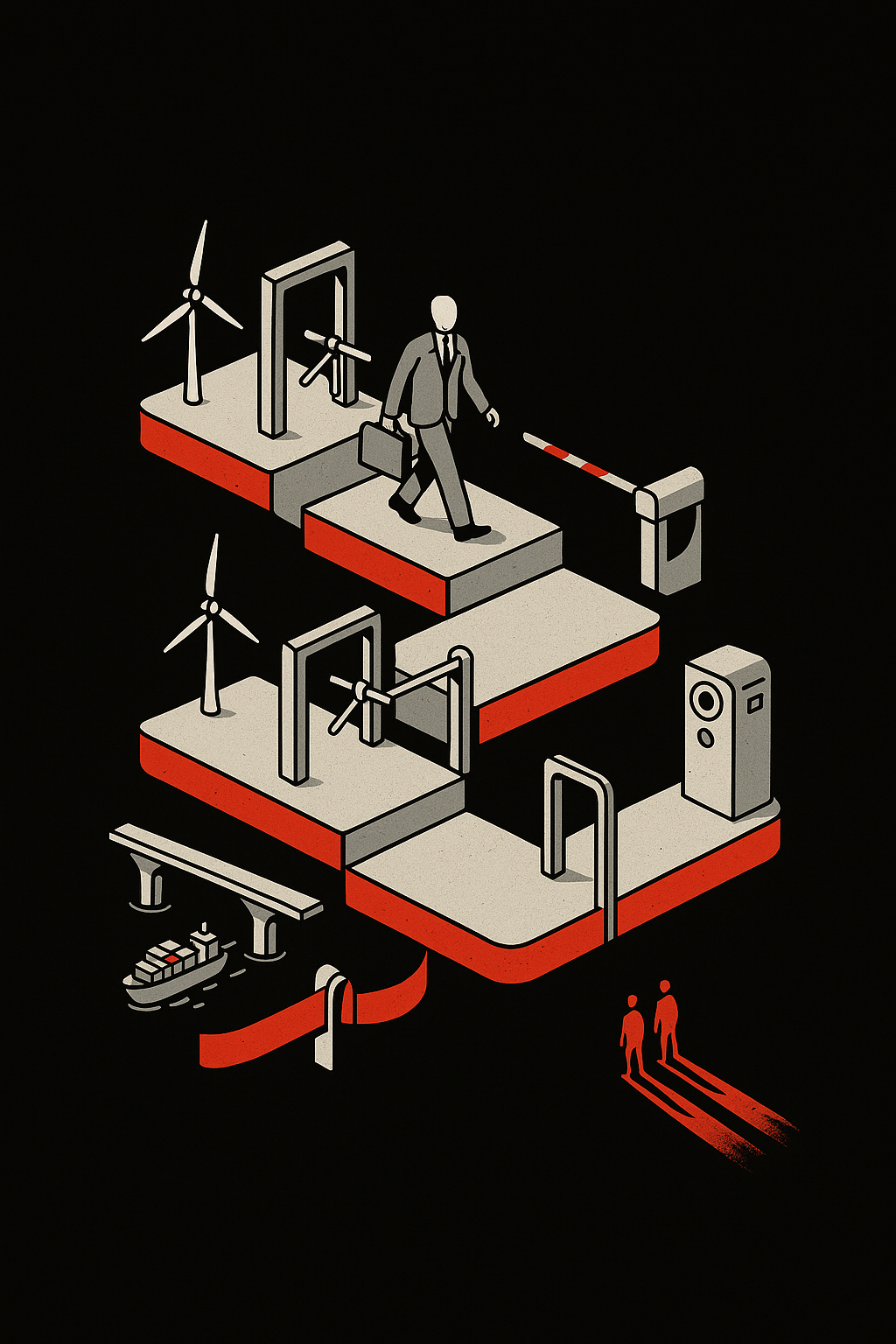 An illustration representing renewable energy sources, including wind turbines, and infrastructure like doors and barriers, with a businessman walking through, and two figures standing outside at night.