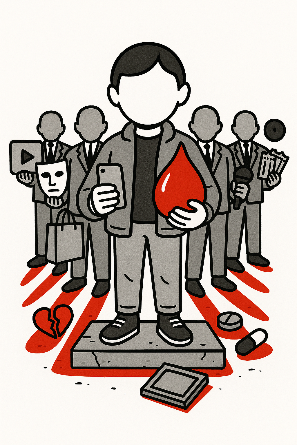 Drawing of a person holding a blood drop, standing on a platform, surrounded by faceless businesspeople holding various items, with a broken heart, pills, and scattered items around.