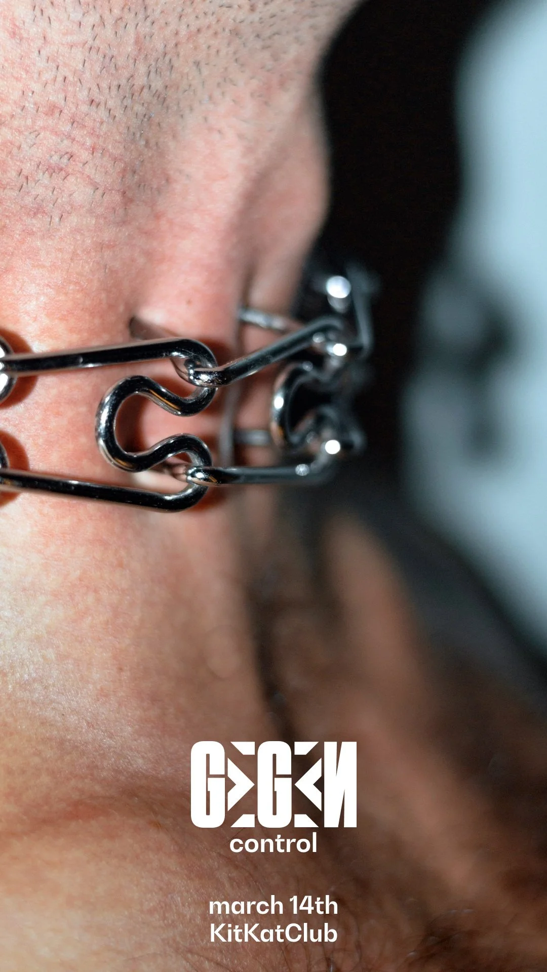 Close-up of a person's face with glasses, showing part of an eye, nose, and skin texture. Text overlay reads 'GIG' control, March 14th, KitKatClub.
