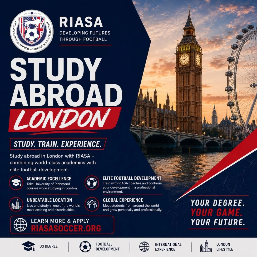 Study. Train. Experience London. 🇬🇧⚽️

Spend a semester in one of the world&rsquo;s most exciting cities while continuing your degree and developing your game with RIASA.

🌍 Gain an international experience
🎓 Earn credits towards your US degree
⚽