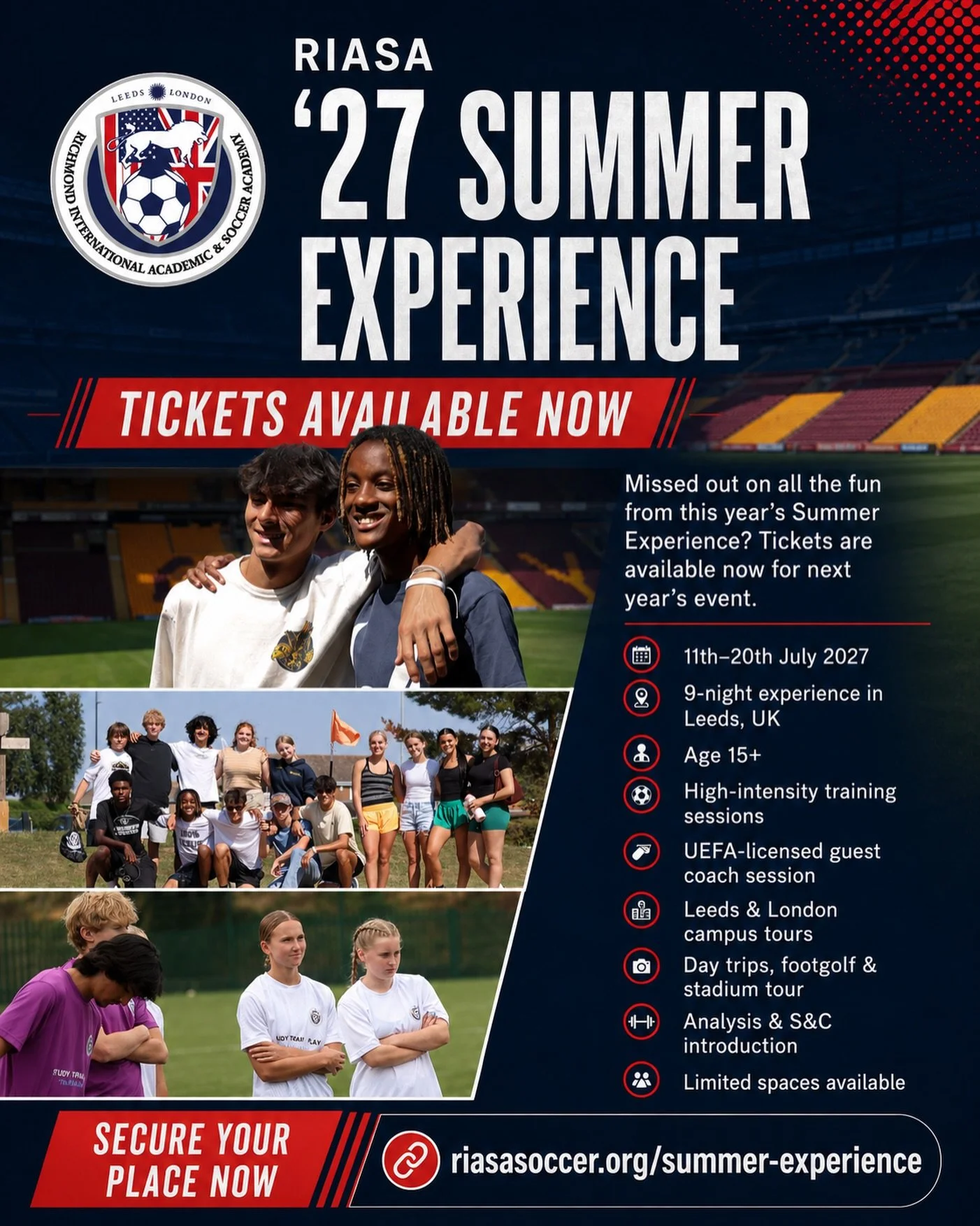 Missed out this summer? Your next chance is here. 🇬🇧⚽

The 2027 RIASA Summer Experience is officially on sale. Train with our squads, experience life in the UK and see what makes RIASA different.

🎟️ Limited places available &ndash; secure yours t