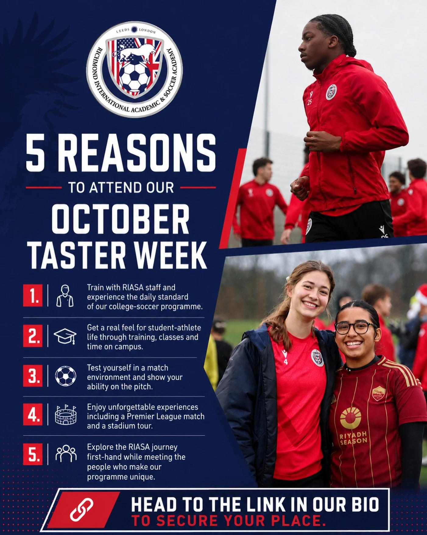 5 reasons to experience RIASA for yourself ⚽️

Our October Taster Week gives you a real taste of life as a RIASA student-athlete &mdash; on the pitch, in the classroom and beyond.

🔗 Head to the link in our bio to secure your place.

#CollegeSoccer 