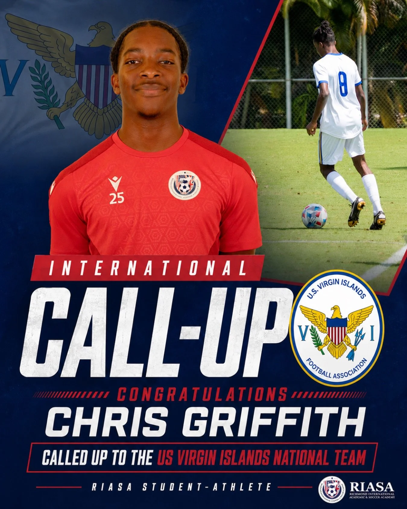 🇻🇮 International call-up for Chris Griffith!

Congratulations to RIASA student-athlete Chris Griffith, who has been called up to represent the US Virgin Islands National Team. 👏⚽

A huge achievement for Chris and another proud moment for everyone 