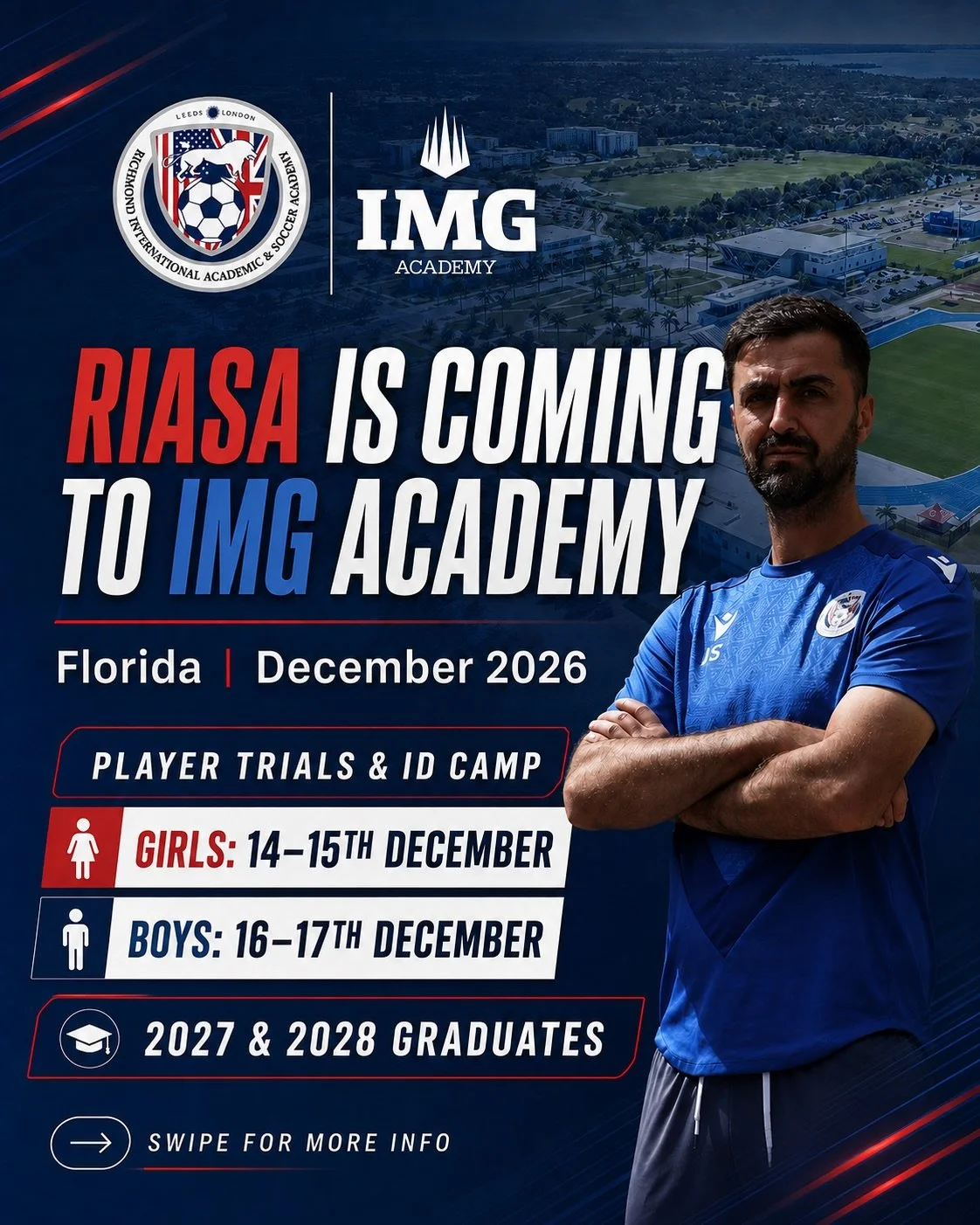 🇺🇸 RIASA is coming to IMG Academy, Florida!

This December, we&rsquo;re giving 2027 &amp; 2028 graduates the chance to experience RIASA, train in a world-class environment and try out for their place on the programme.

📍 IMG Academy, Florida
👧 Gi