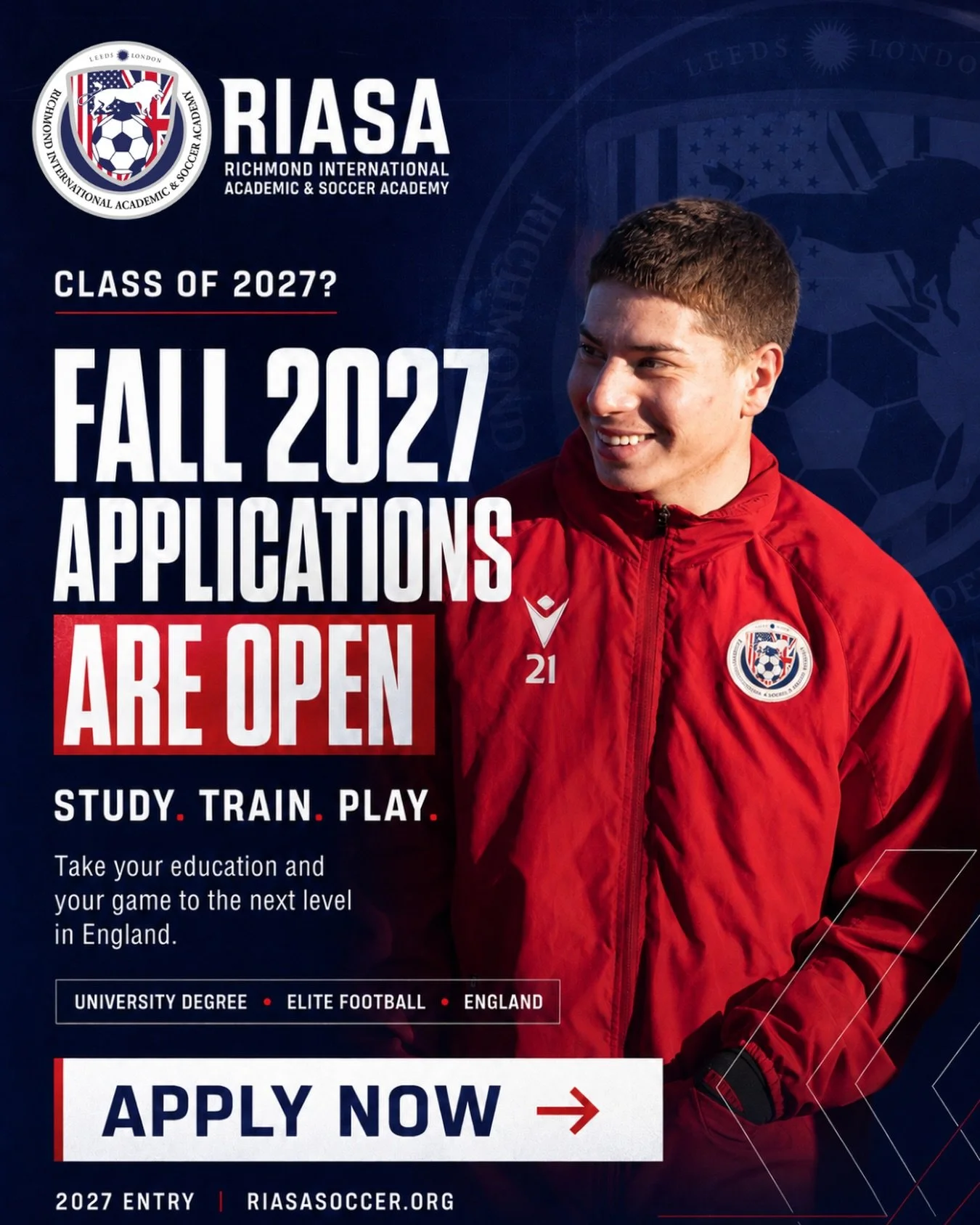 Fall 2027 applications are now open. ⚽🎓

Take your game and your education to the next level with RIASA &mdash; combining university study with an elite football development programme in England.

Study. Train. Play.

Applications are now open for 2