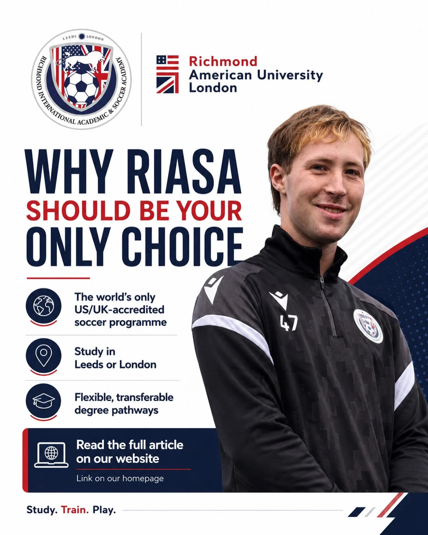 Why RIASA? Because your football, education and future should work together. ⚽️🎓

From the world&rsquo;s only US/UK-accredited soccer programme to flexible, transferable degree pathways and the choice to study in Leeds or London, RIASA offers a univ