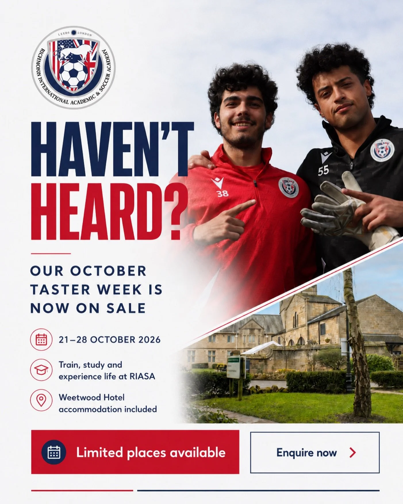 Haven&rsquo;t heard? 👀 Our October Taster Week is now on sale.

From 21&ndash;28 October 2026, experience life at RIASA first-hand - train with our squads, take part in classes, play in a match and get a real feel for the programme, with Weetwood Ho
