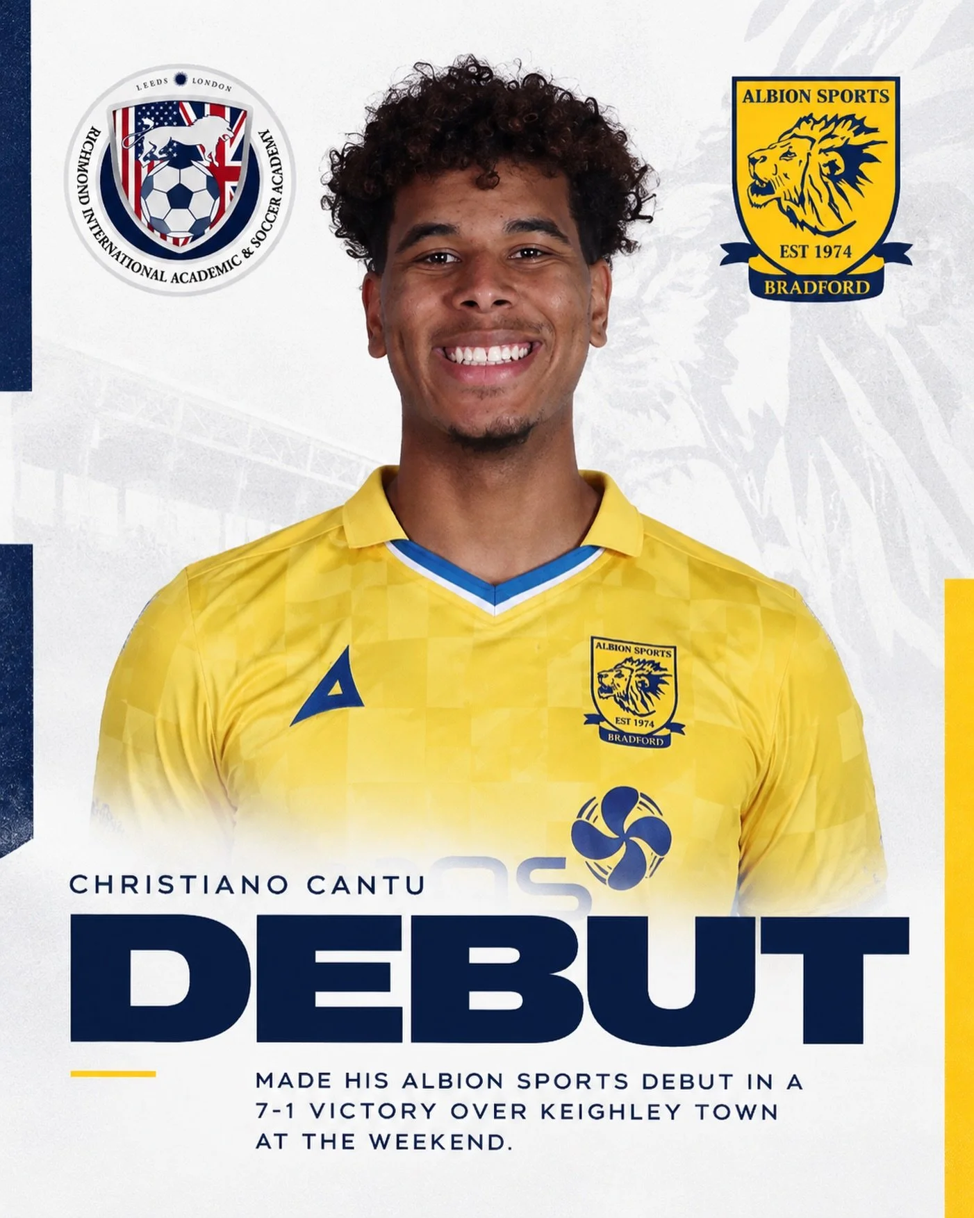 Congratulations to RIASA student-athlete Christiano Cantu, who made his debut for Albion Sports at the weekend in their 7-1 victory over Keighley Town.

Great to see Christiano gaining valuable senior football experience alongside his studies ⚽️

#St