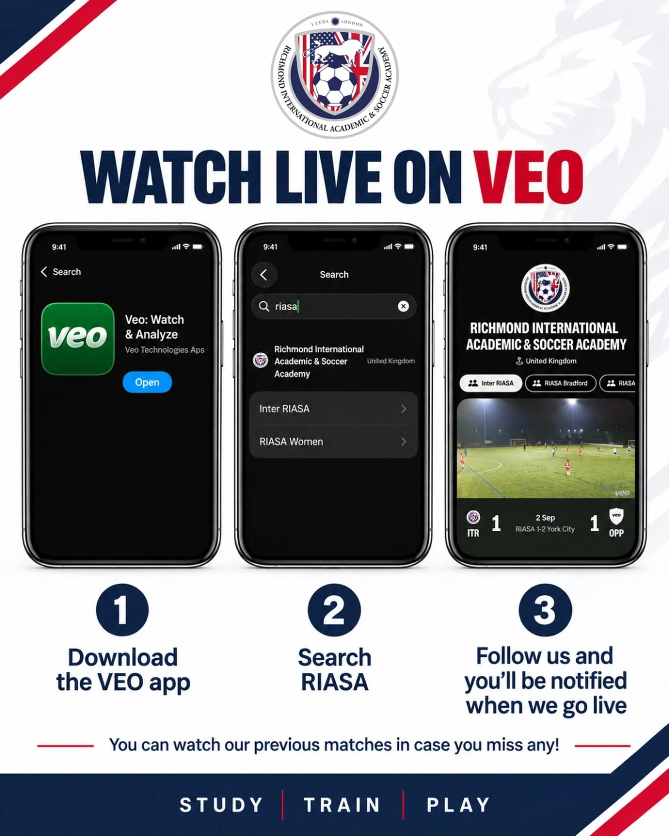 Never miss a RIASA match ⚽️

Download the VEO app, search RIASA and follow us to get notified whenever we go live.

Missed the game? You can also catch up on our previous matches anytime.

#CollegeSoccer #SoccerAcademy #StudentAthlete #FootballDevelo