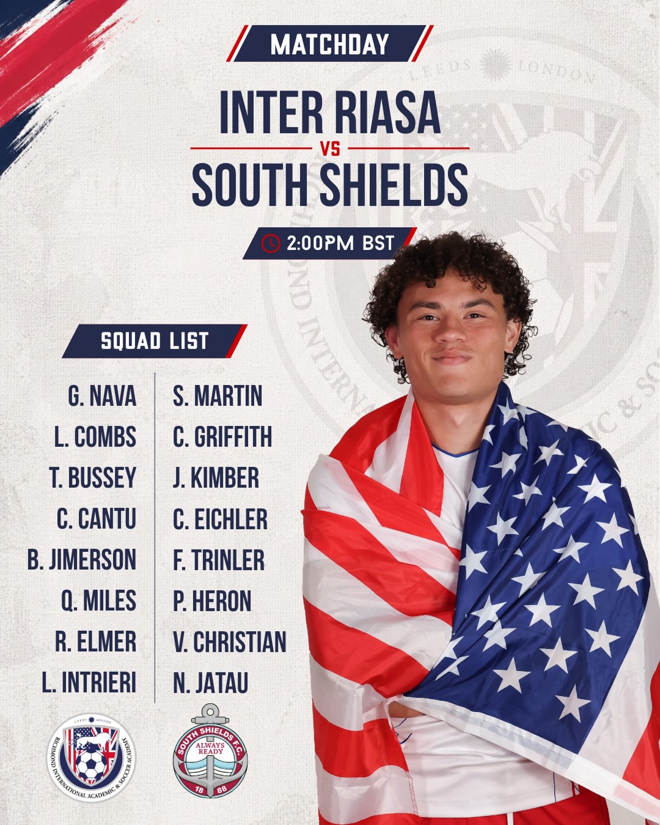 Matchday for Inter RIASA ⚽️

We&rsquo;re in action against South Shields this afternoon. Ready to go. 👊

🆚 South Shields
⏰ 2:00PM BST

#Matchday #CollegeSoccer #StudentAthlete #FootballAcademy #SoccerDevelopment