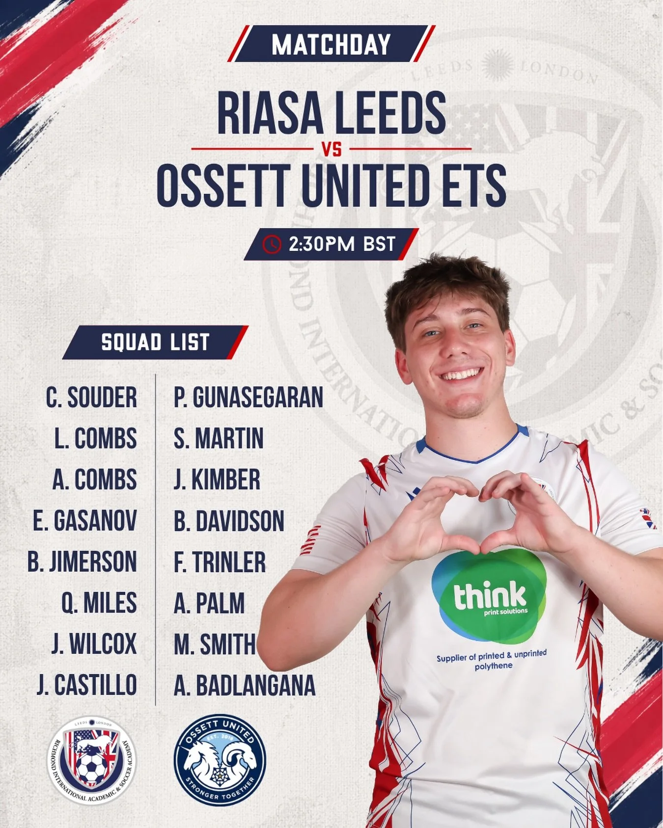 MATCHDAY ⚽️

RIASA Leeds are back in action against Ossett United ETS.

⏰ 2:30PM BST

Please note: this game will not be live streamed on VEO.

#Matchday #CollegeSoccer #FootballAcademy #SoccerDevelopment #StudentAthlete