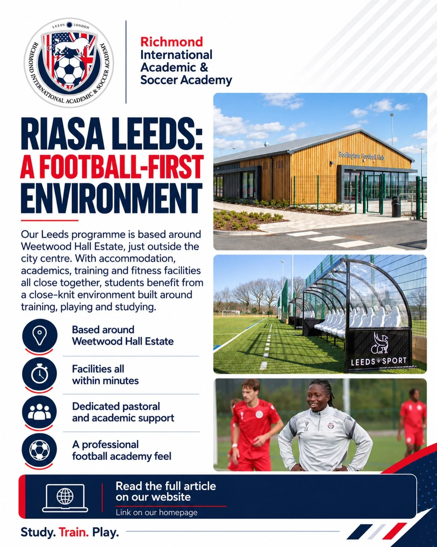 Football isn&rsquo;t an extra at RIASA Leeds - it&rsquo;s built into the environment. ⚽️

Based around Weetwood Hall Estate, our Leeds programme brings accommodation, academics, training and fitness facilities within minutes of each other, creating a