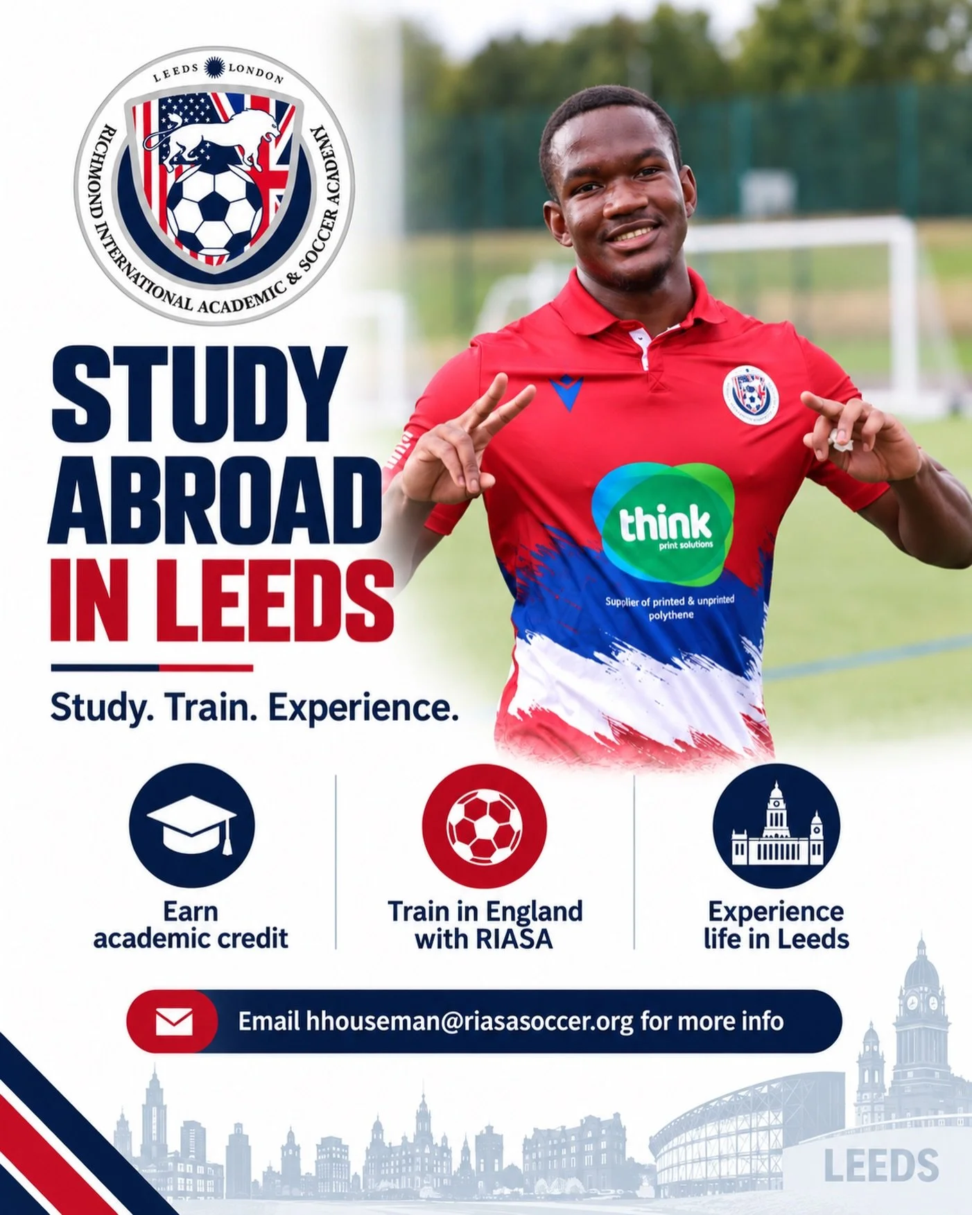 Study abroad in Leeds without stepping away from your football. ⚽️📚

Earn academic credit, train with RIASA and experience life in one of the UK&rsquo;s biggest student cities.

Want to find out more? Email hhouseman@riasasoccer.org.

#StudyAbroad #