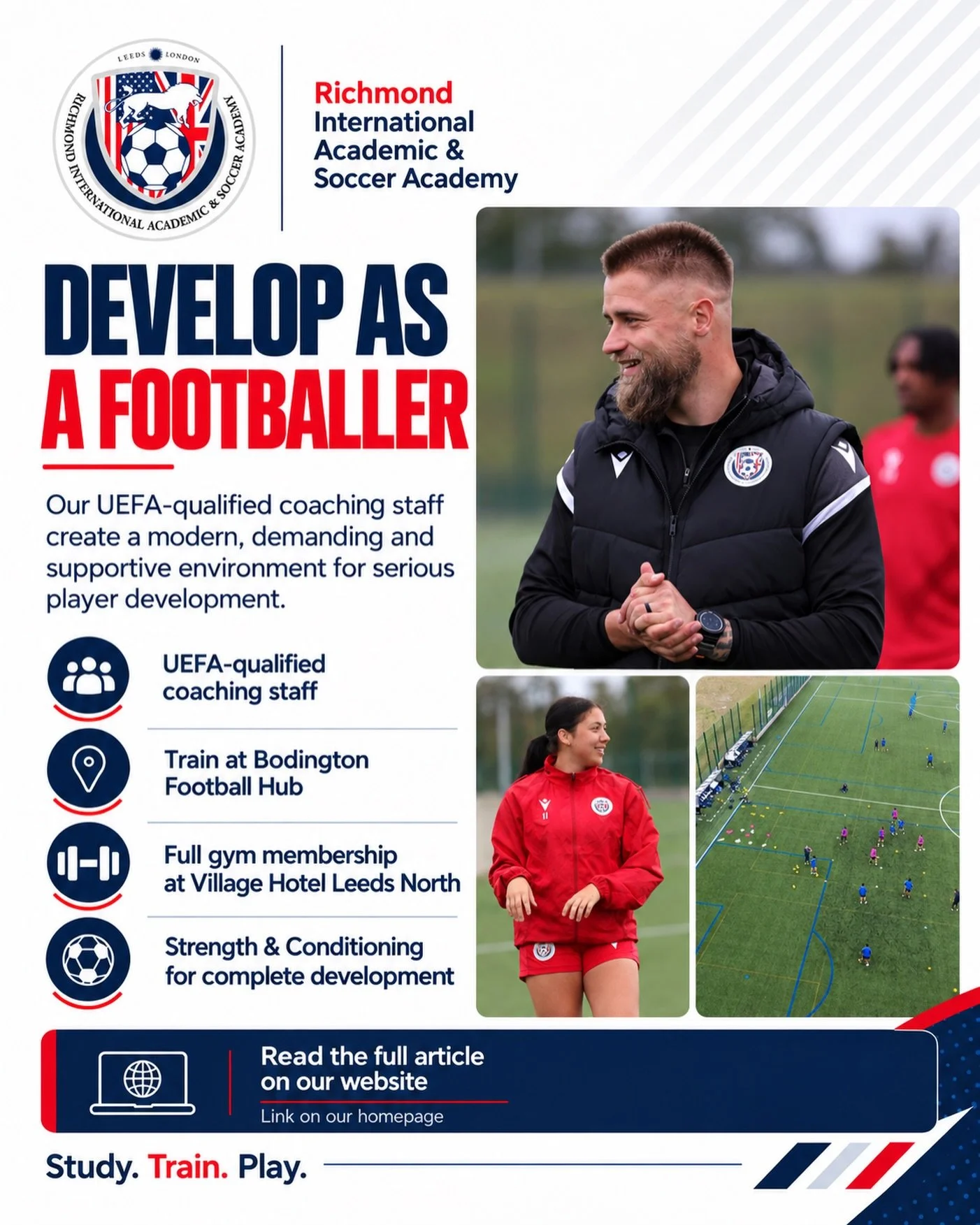 Development at RIASA is about more than just time on the pitch.

With UEFA-qualified coaches, training at Bodington Football Hub, and full gym access at Village Hotel Leeds North, every part of the environment is built to help student-athletes improv