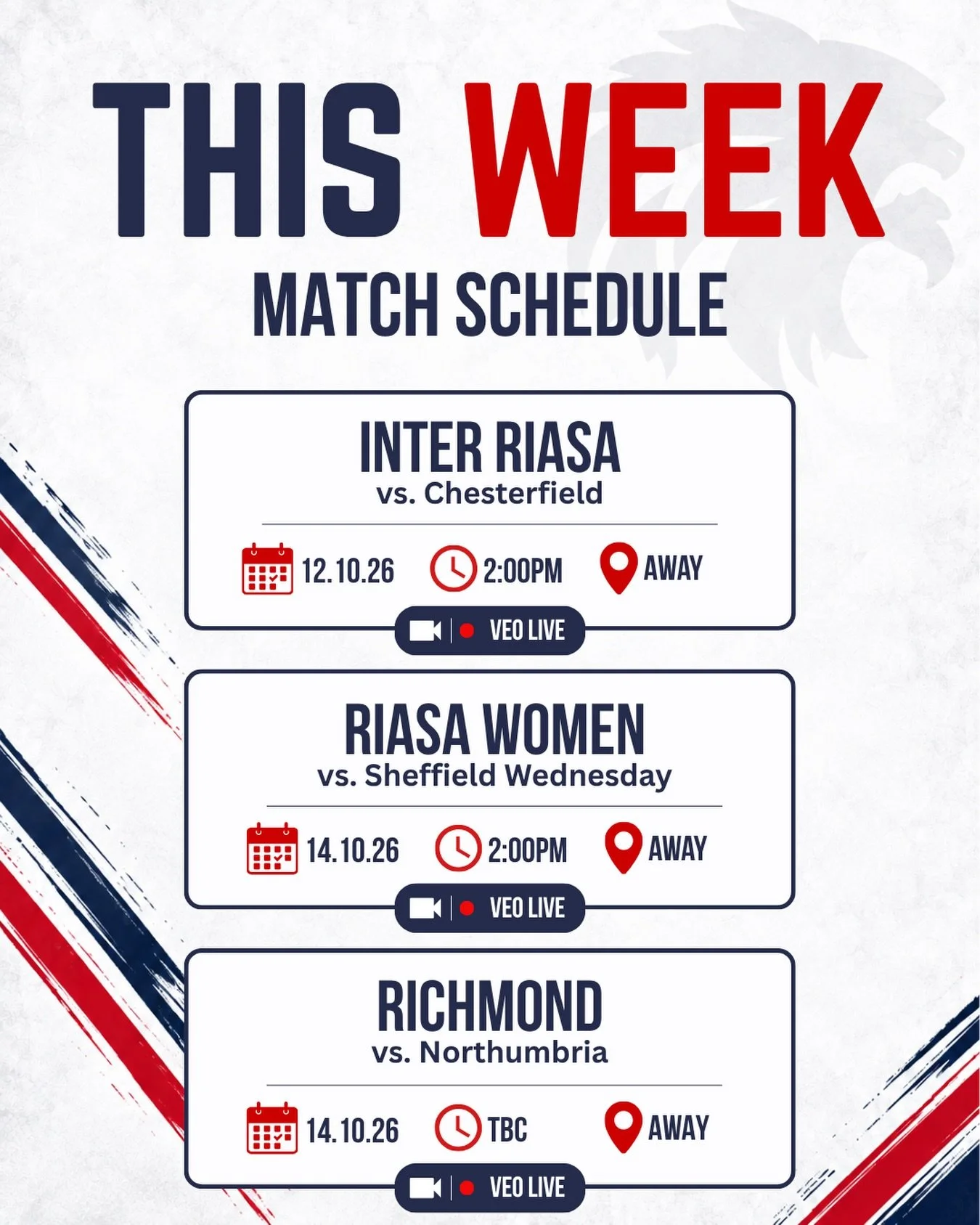 Three away games coming up this week! ⚽️

Inter RIASA, RIASA Women and Richmond all hit the road as they look to bring home three wins! 💪

#CollegeSoccer #FootballAcademy #WomensFootball #StudentAthletes #Matchday