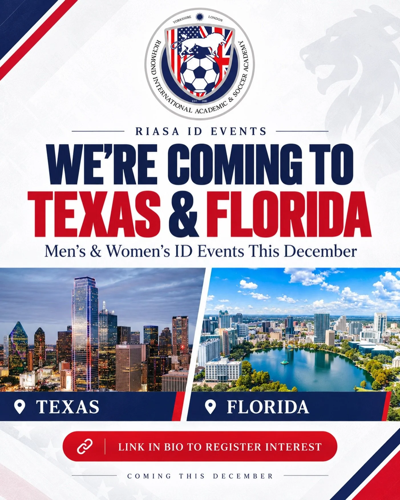 Texas &amp; Florida, we&rsquo;re coming your way! 🇺🇸⚽

RIASA is heading to Dallas and Orlando this December for our Men&rsquo;s &amp; Women&rsquo;s ID Events!

An opportunity to showcase your ability, meet our coaches and find out more about studyi