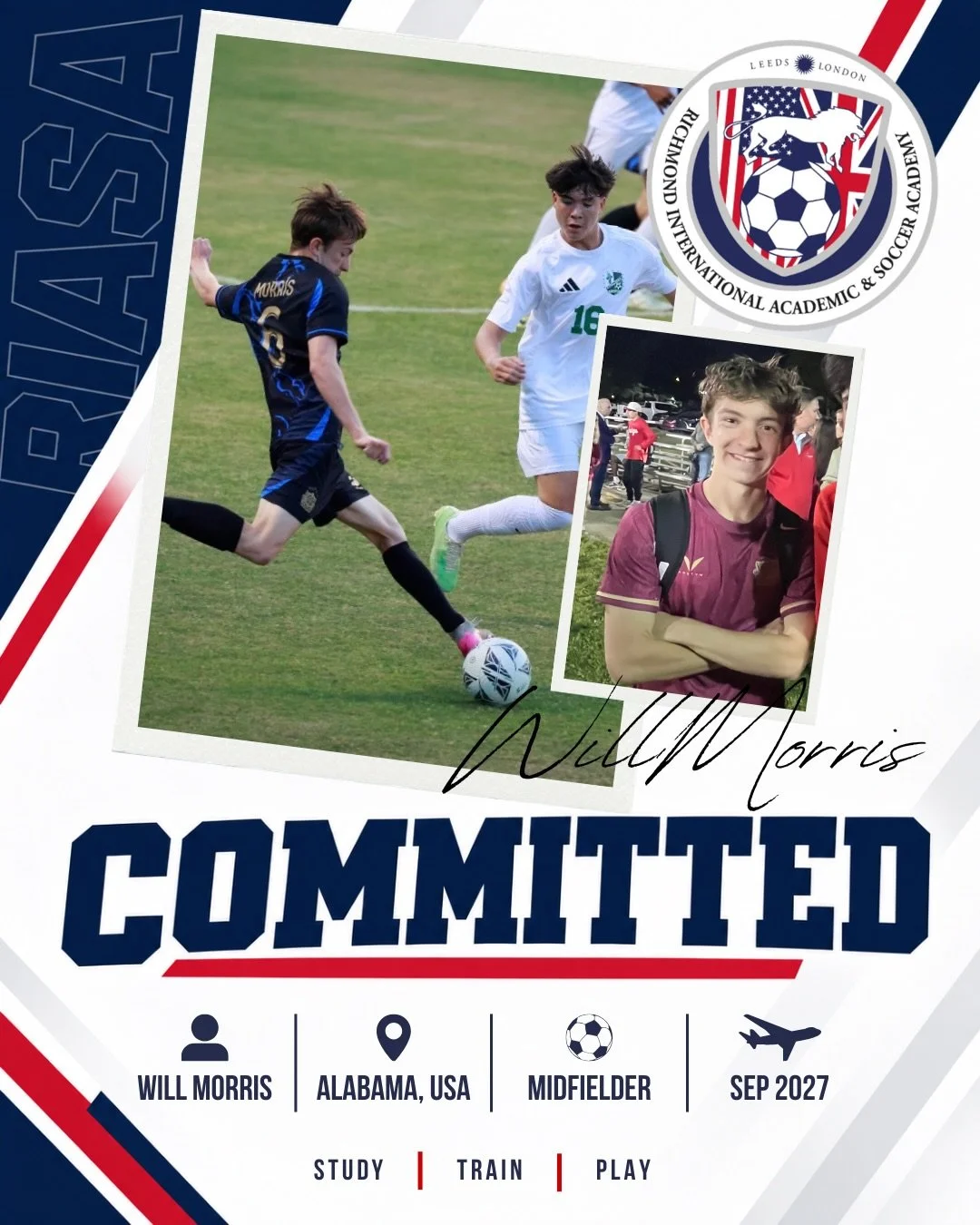 Committed. 🔵🔴

Will Morris will be joining the RIASA Leeds programme in Fall 2027.

The Alabama midfielder will make the move to England to continue his football development alongside his degree.

Welcome to RIASA, Will! 👊⚽

#CollegeSoccer #Soccer