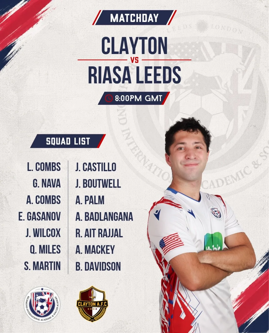 MATCHDAY ⚽

RIASA Leeds are back in action tonight as they travel to face Clayton AFC!

Kick-off at 8:00PM. Let&rsquo;s finish the day strong!

#RIASA #Matchday #RIASALeeds #Football #StudentAthletes