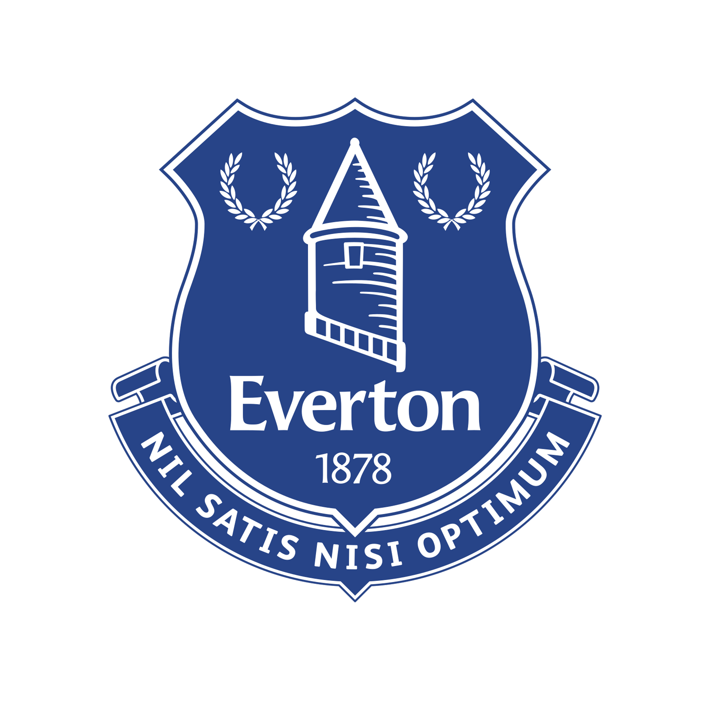 Everton football club shield logo with a tower, two laurel branches, the club name, founding year 1878, and the Latin motto 'Nil Satis Nisi Optimum'