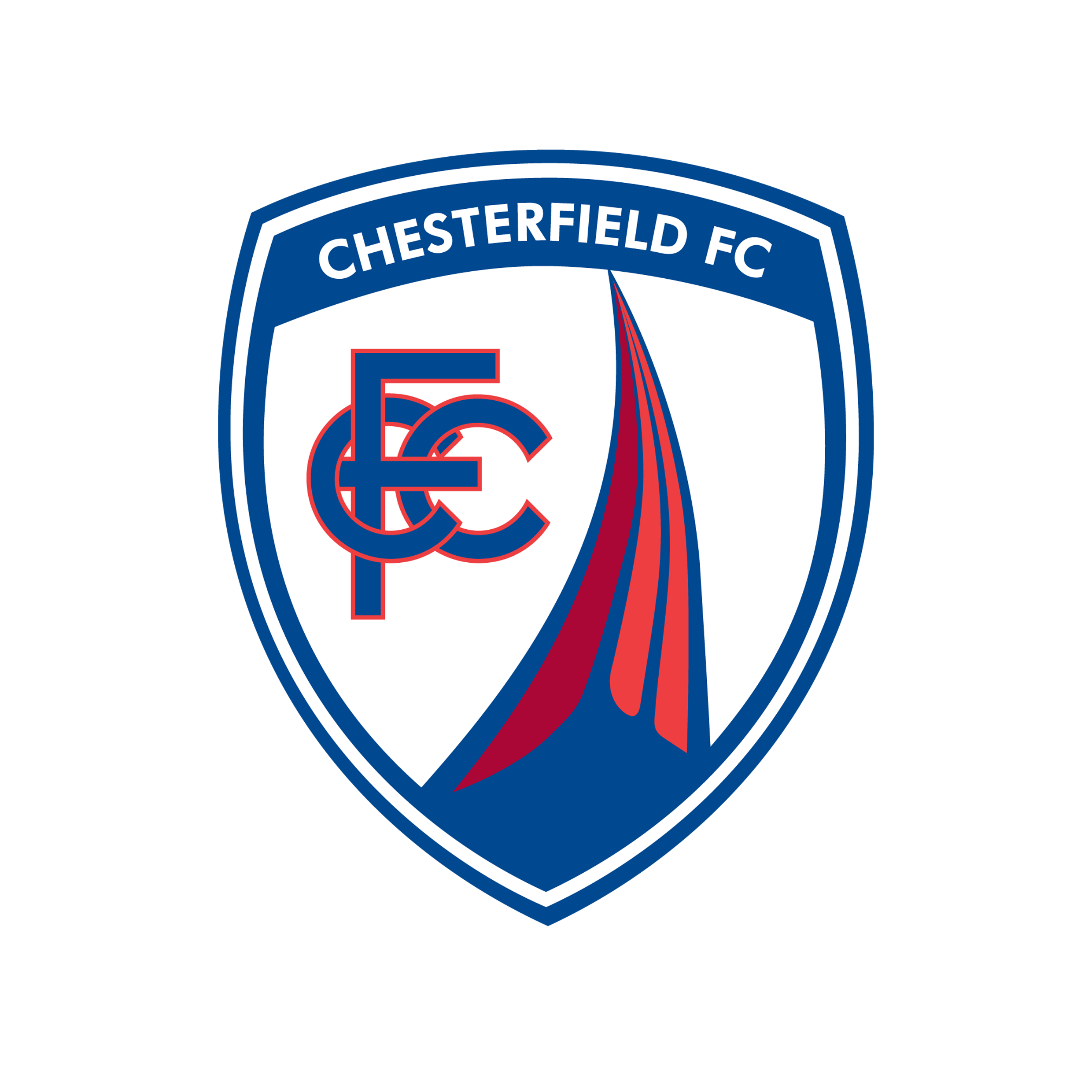 Chesterfield FC logo featuring a shield with a skyline and sailboat silhouette in navy blue, white, and red, and the text 'CHESTERFIELD FC' at the top.