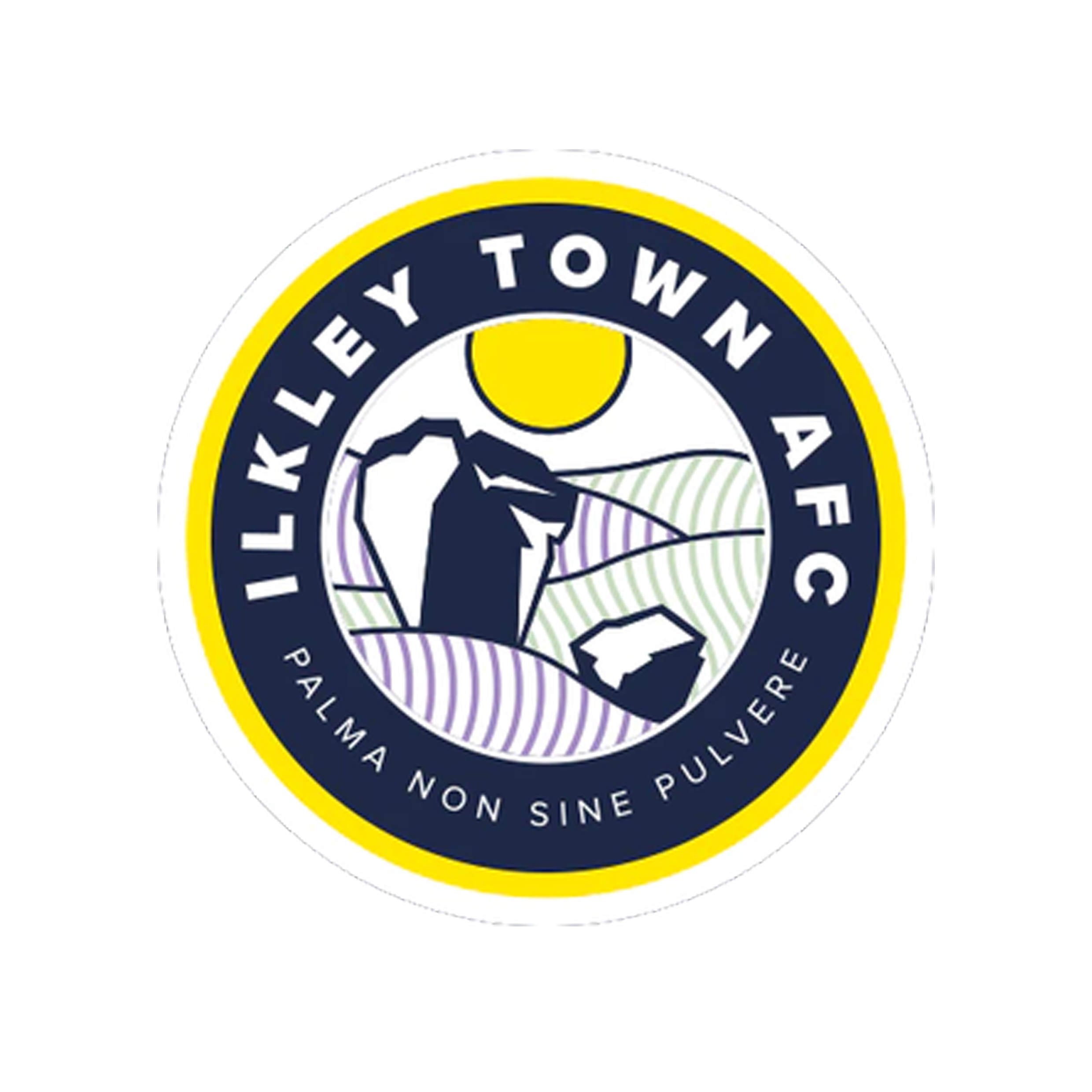 Seal of Alkley Town A F C, featuring a mountain, fields, a rising sun, and a rugby ball, with the motto 'Palma Non Sine Pulvere' around the edge.