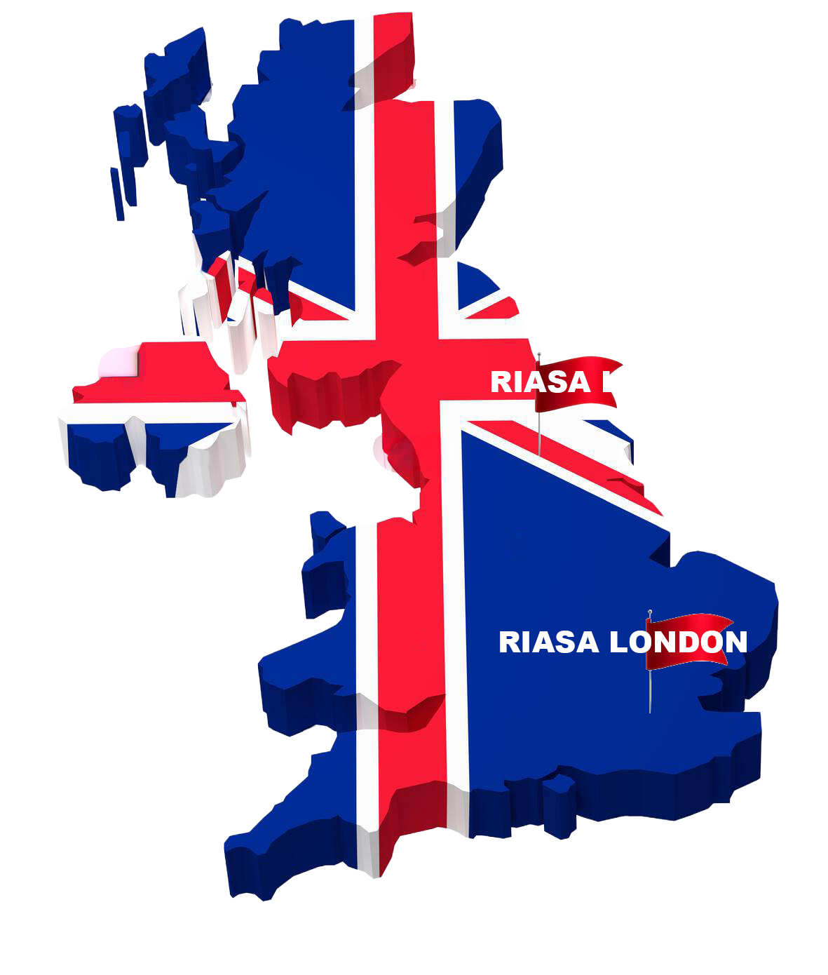 A 3D map of the United Kingdom with the Union Jack flag pattern. The map highlights three locations: Riyadh, RIASA, and London, with flags and labels on each.