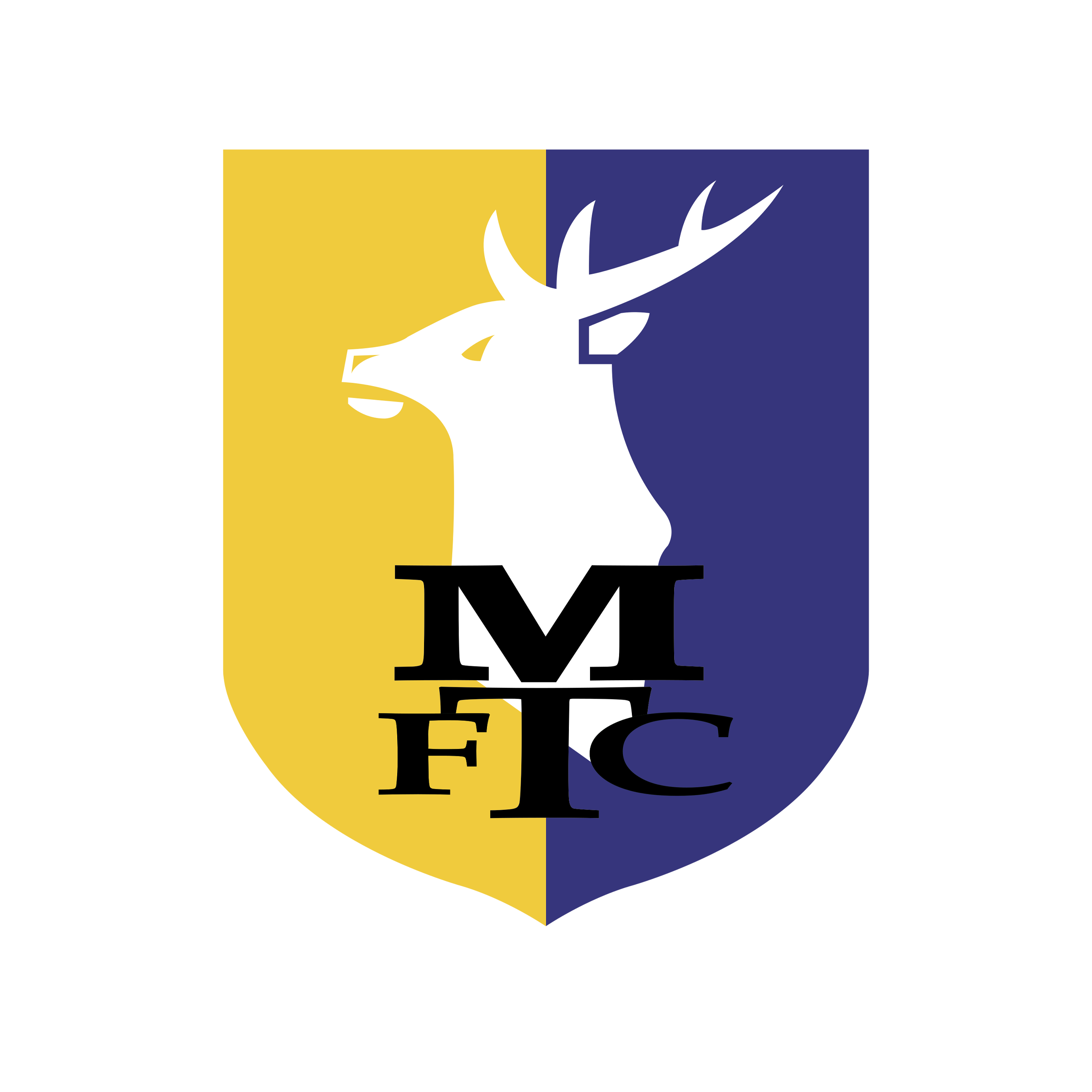 Logo with a white stag's head on a shield divided into yellow and blue halves, with the bold black letters M F C overlapping the stag's neck.