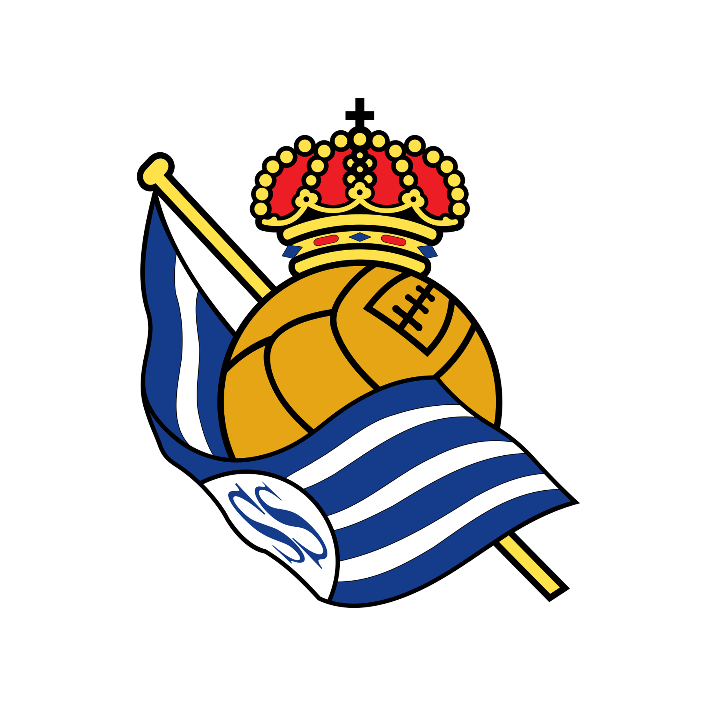 A sports team emblem featuring a globe with a crown on top, a flag, a volleyball, and a blue and white ribbon with the letter 'S' on it.