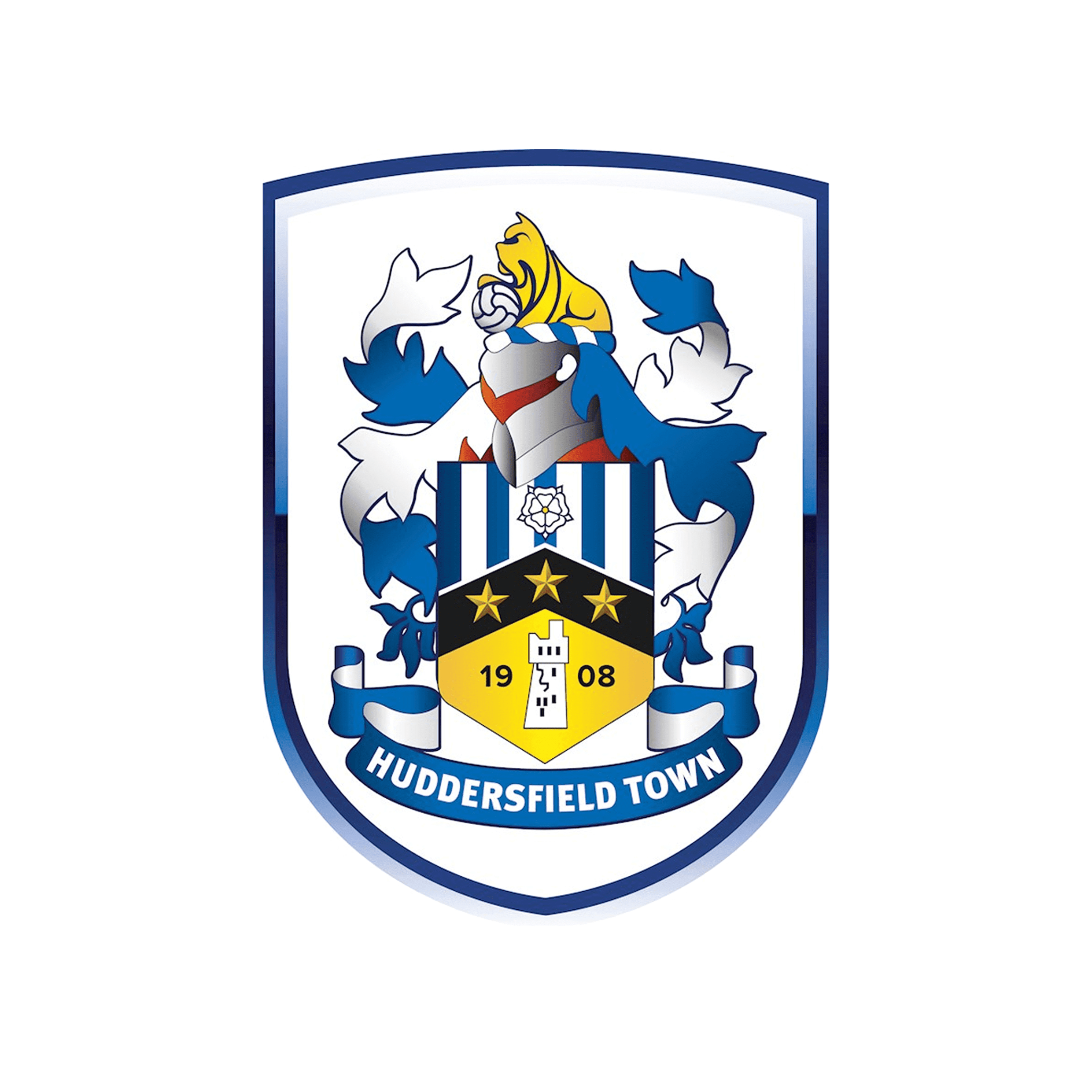 Huddersfield Town football club crest featuring a shield with a castle tower, three gold stars, a white rose, and a lion, with the text 'Huddersfield Town' at the bottom.