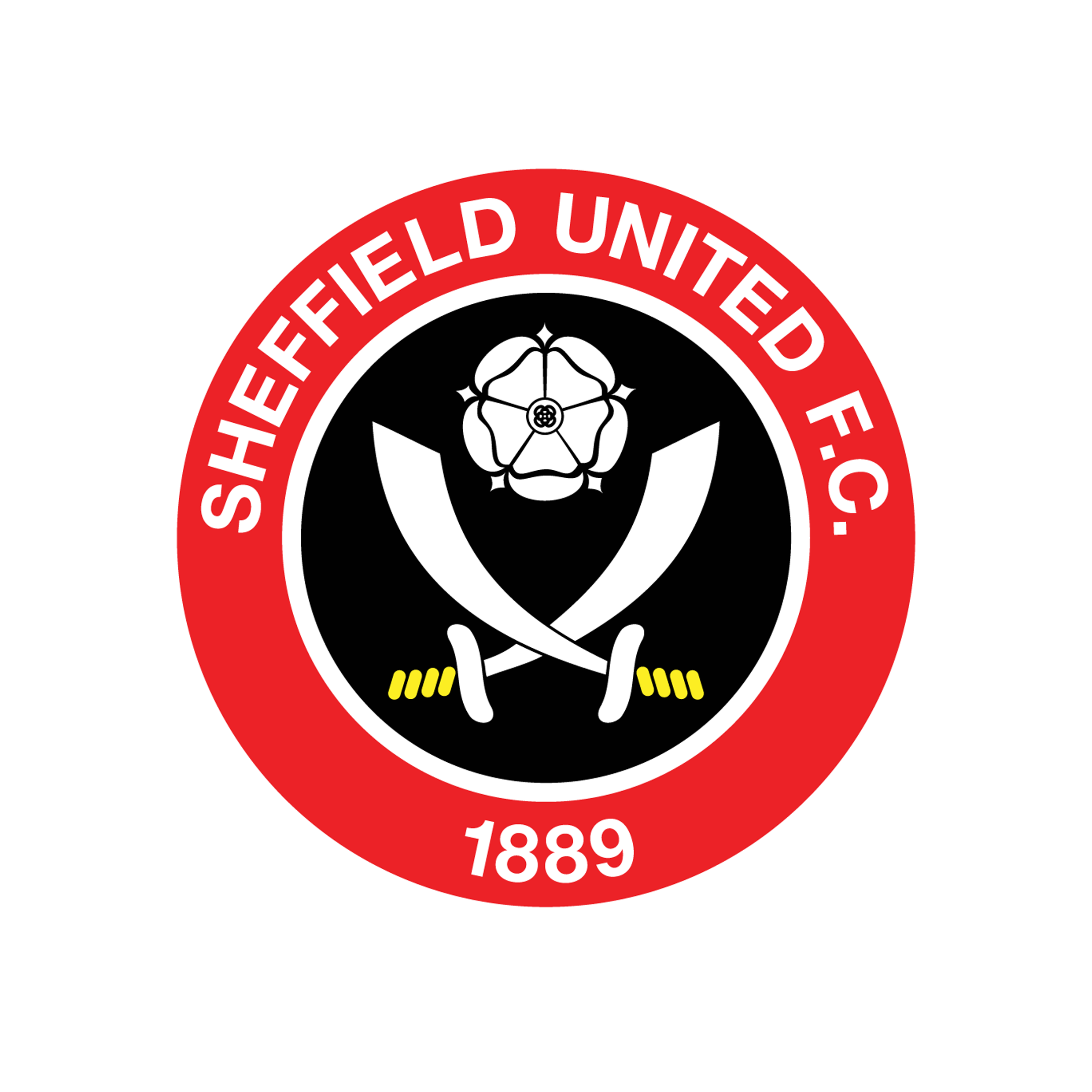 Logo of Sheffield United Football Club featuring a red and white circular emblem with a black center, two crossed blades, a white rose, and the text 'Sheffield United F.C.' and '1889'.
