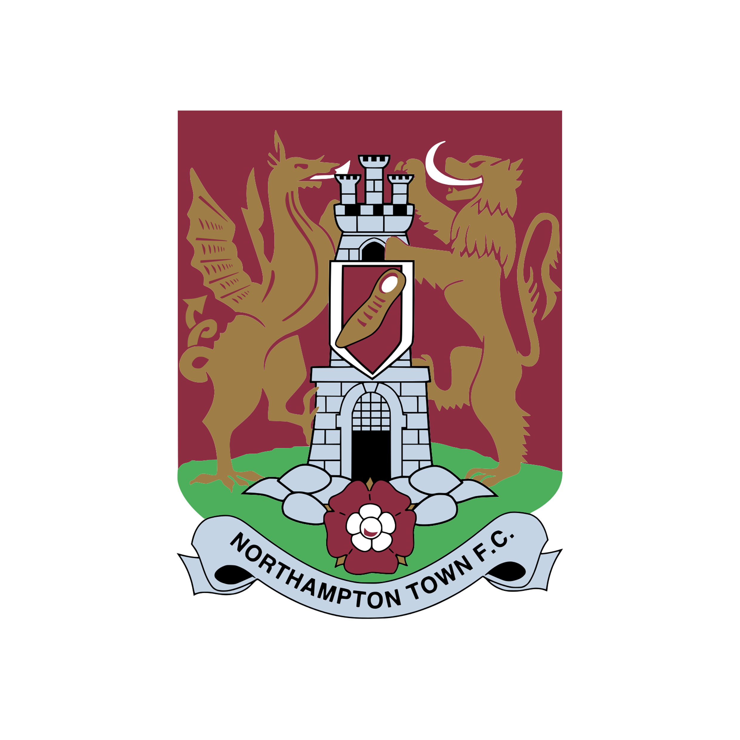 Football crest of Northampton Town Football Club featuring a castle, a sword, a rose, a dragon and a lion with the club's name at the bottom.