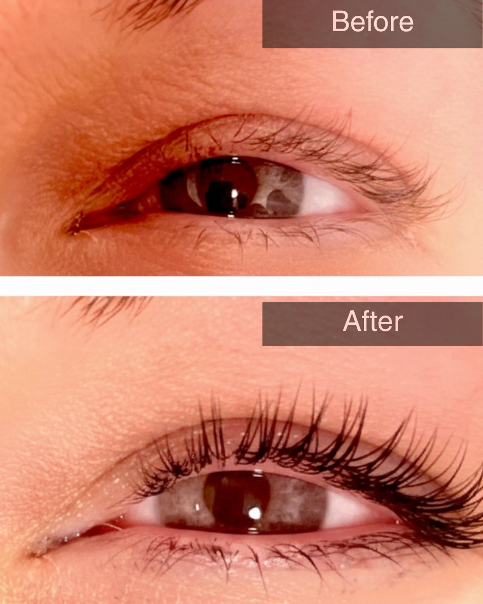 Client before and after photo for Lash Lift and Tint.
