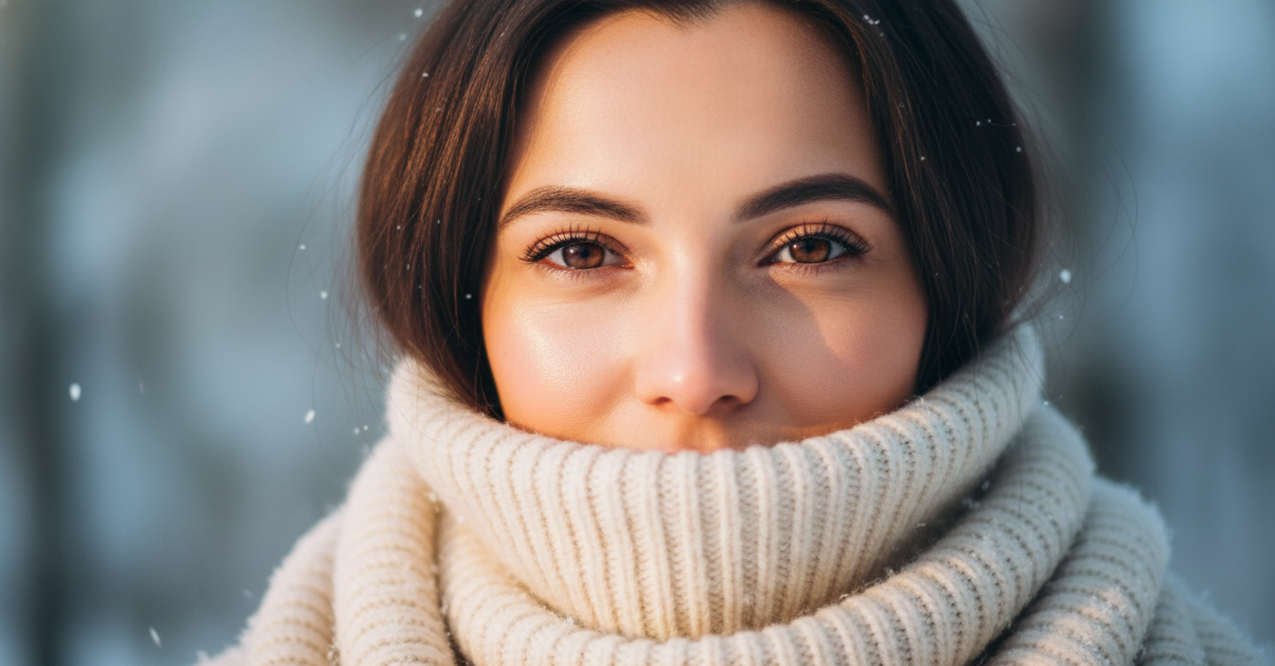 A close-up of a woman with glowing, hydrated winter skin, wrapped in a soft jumper or scarf.