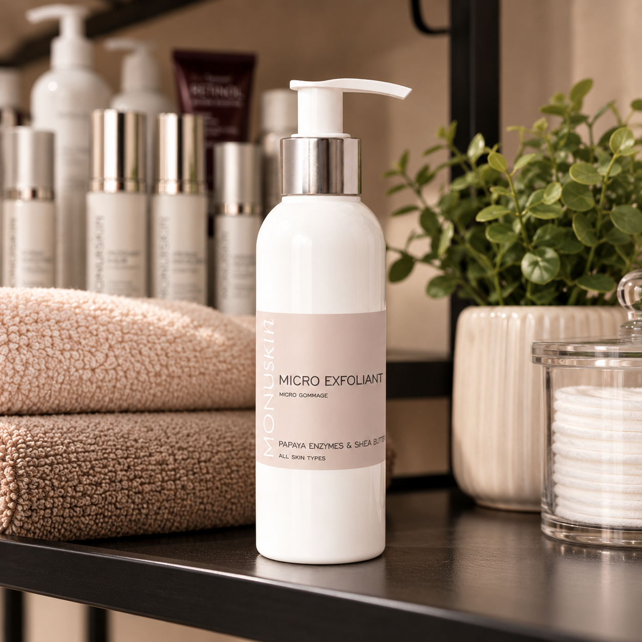 Monuskin Micro Exfoliant displayed on Kate’s skincare shelf at Ageless Beauty in Newark.