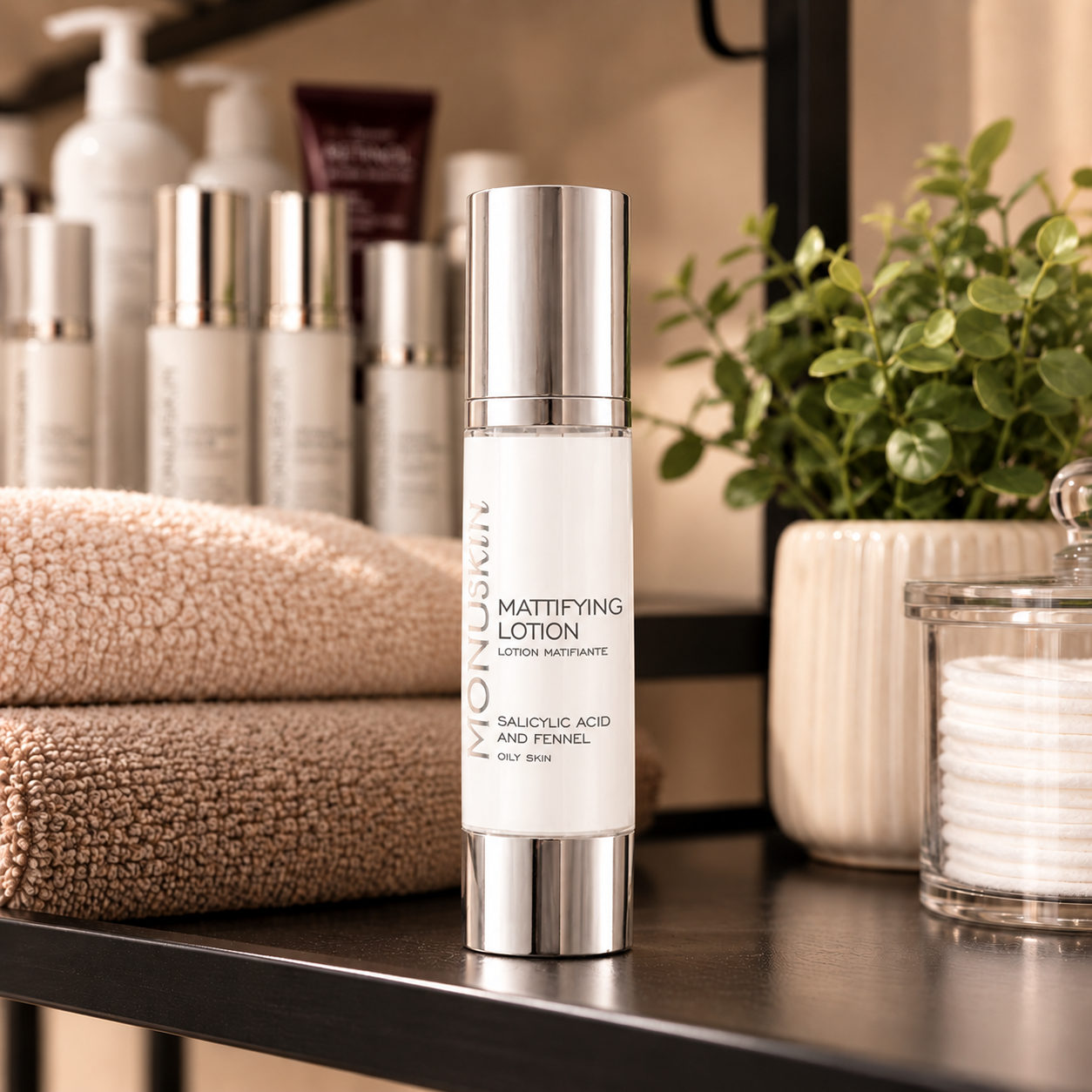 Monuskin Mattifying Lotion displayed on Kate’s skincare shelf at Ageless Beauty in Newark.