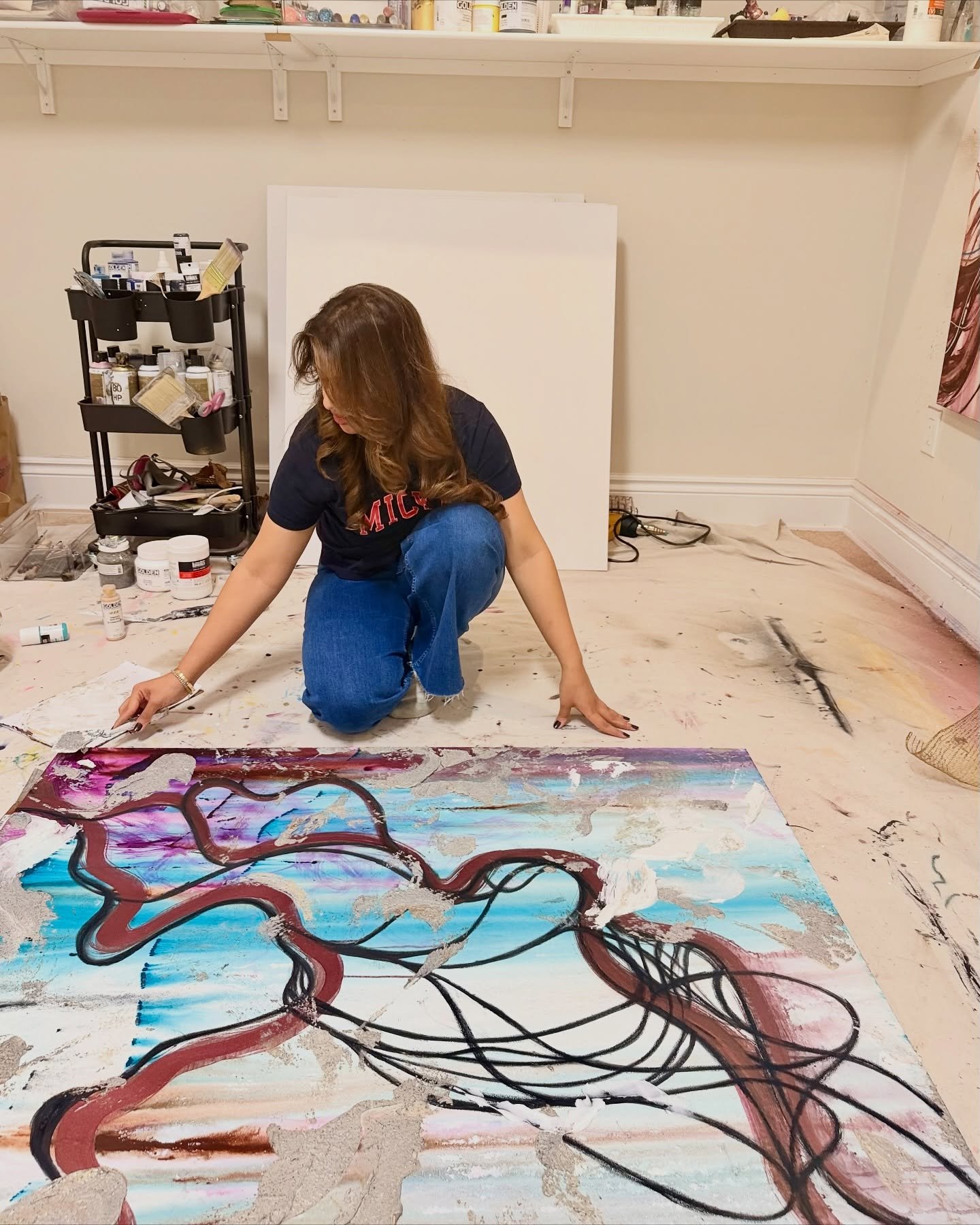 Most days in the studio look a little like this &mdash; paint on the floor, hugs between brushstrokes, and the girls reminding me why I do what I love. 💕

#marinaadamart #artforsale #inthemaking #artlovers #contemporanyart #moderninteriorart #artist