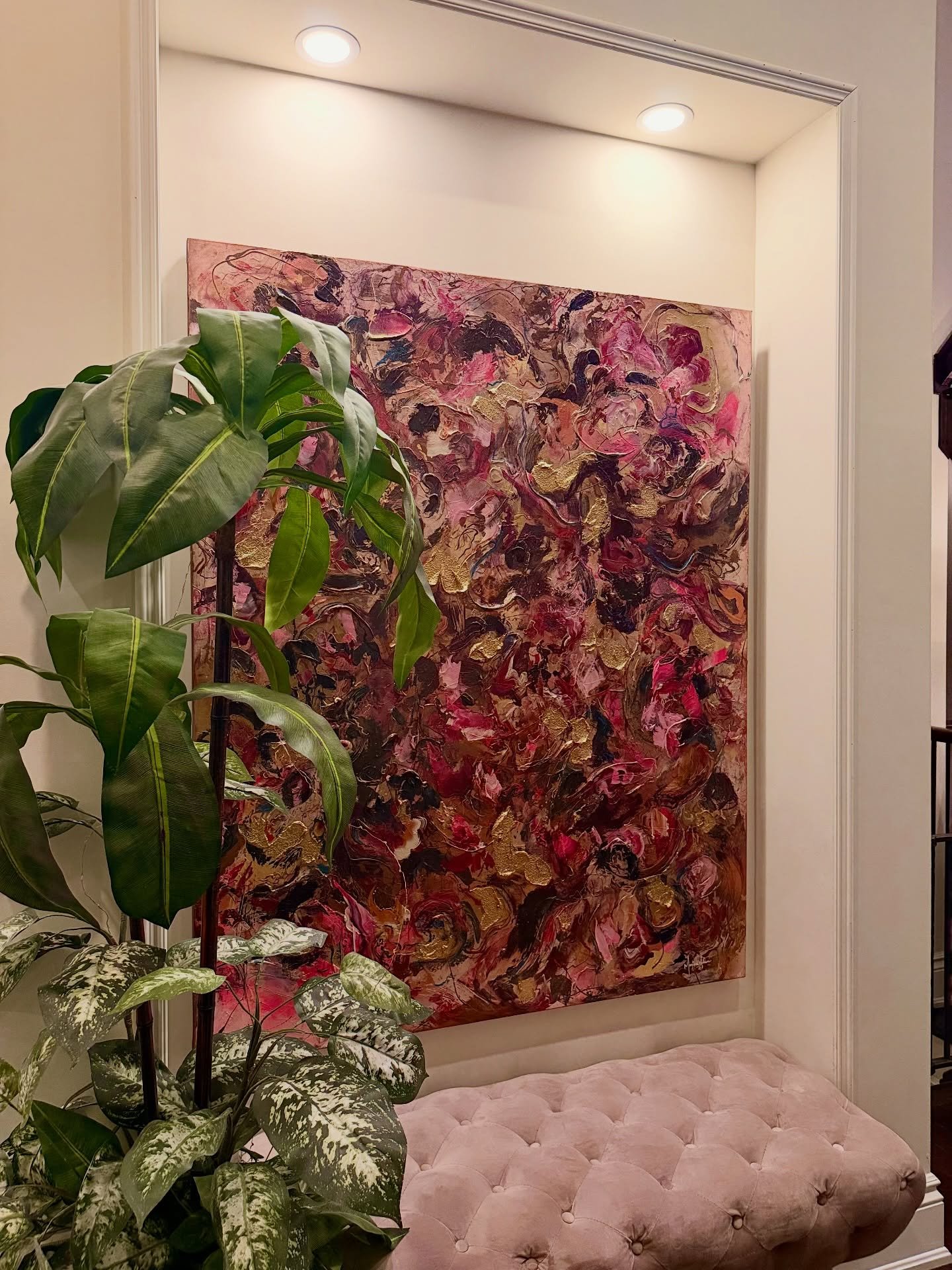 &lsquo;The Beauty of Meeting You Young&rsquo; 
48&rdquo; x 60&rdquo; 

This statement piece celebrates the beauty of young love&mdash;the kind that stays with you, shapes you, and becomes part of who you are. Filled with rich texture and bold movemen