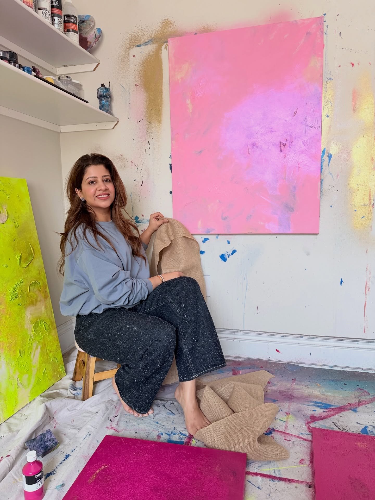 Channeling the fashion designer I once thought I&rsquo;d be &mdash; now through canvas instead of clothing.

This collection has been all about bold color, texture, and layering burlap into the work. As a mom, I feel like we carry so many voices at o