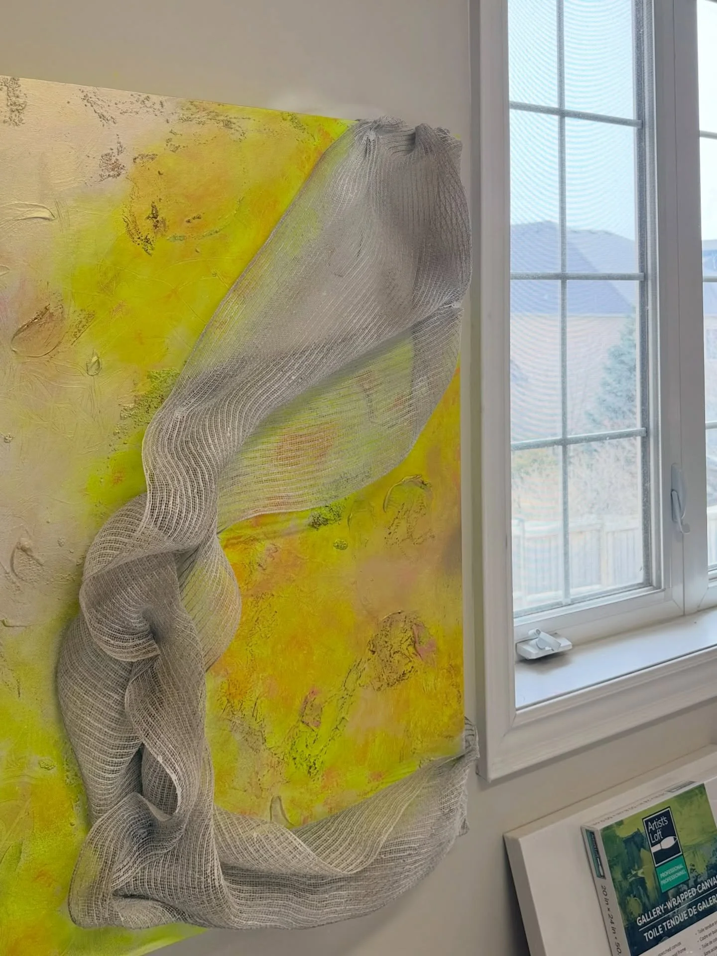 I&rsquo;ve been exploring different forms of burlap as structural interruptions for this collection &mdash; elements that disrupt the surface and creates tension, softness, and depth all at the same time. 

These pieces are still in process, but they