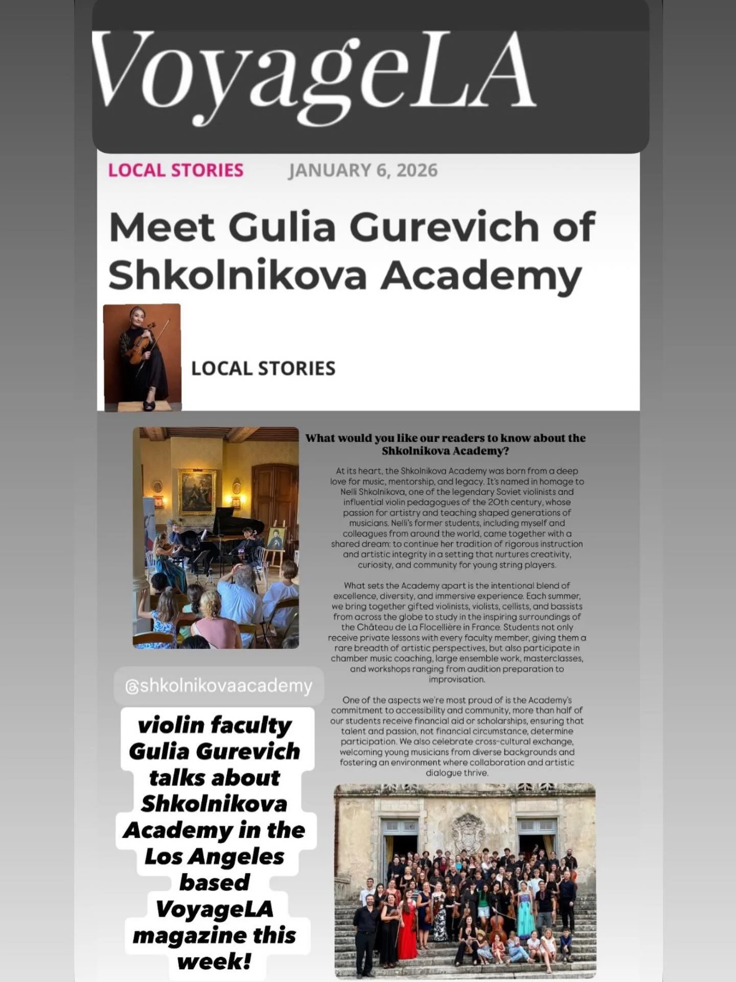 Each year the Shkolnikova Academy organizes a concerto competition, deadline to apply January 15th. The winners will have the opportunity to perform as a soloist with the Academy String Orchestra conducted by Dmitry Sitkovetsky, and receive a scholar